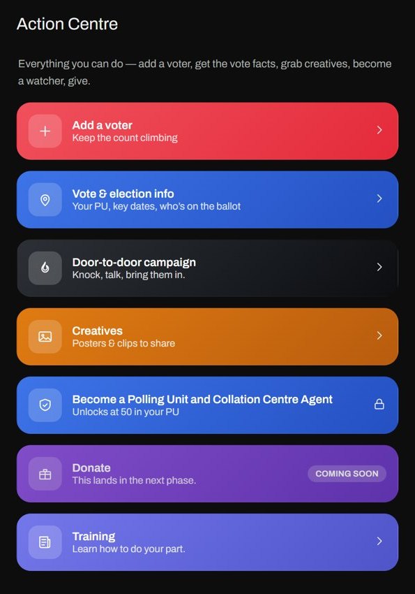 The Mobilisation Platform Action Centre: add a voter, vote info, door-to-door, creatives, become an agent, training
