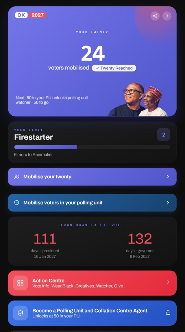 The Mobilisation Platform home screen: your twenty, your level and the countdown to the vote