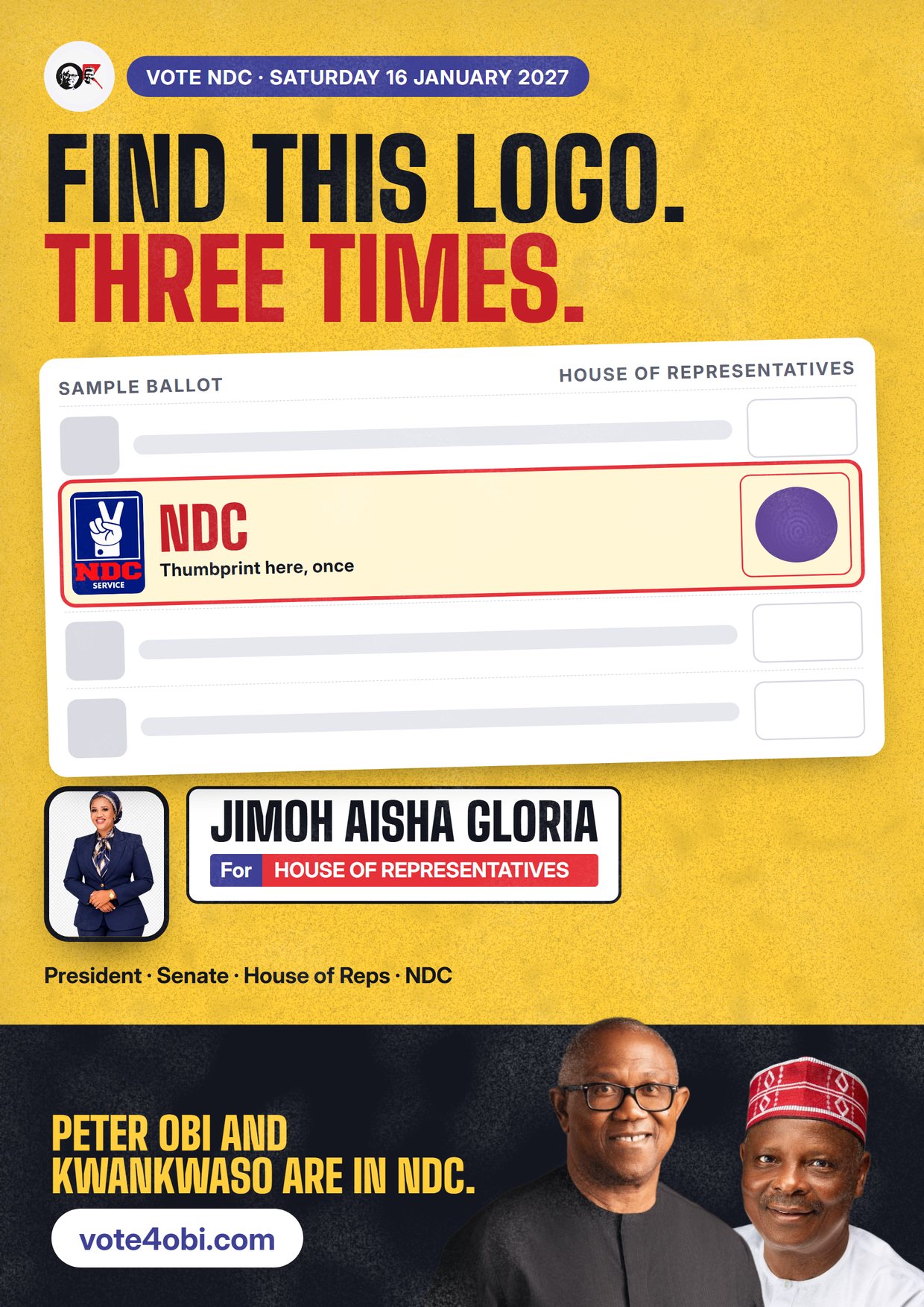 Poster: Jimoh Aisha Gloria, NDC candidate for the House of Representatives, Lagos Island II