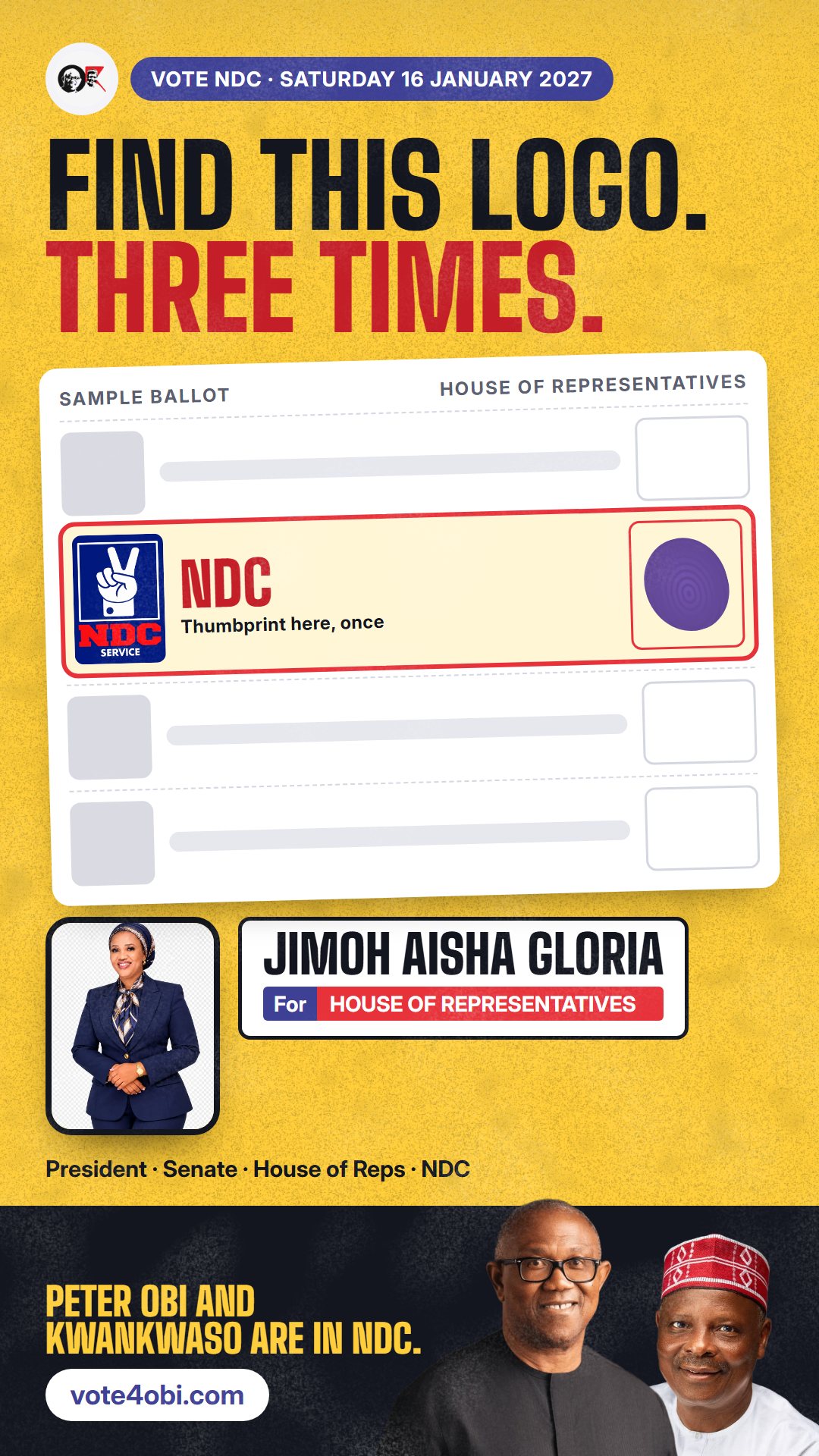 WhatsApp status picture: Jimoh Aisha Gloria, NDC candidate for the House of Representatives, Lagos Island II