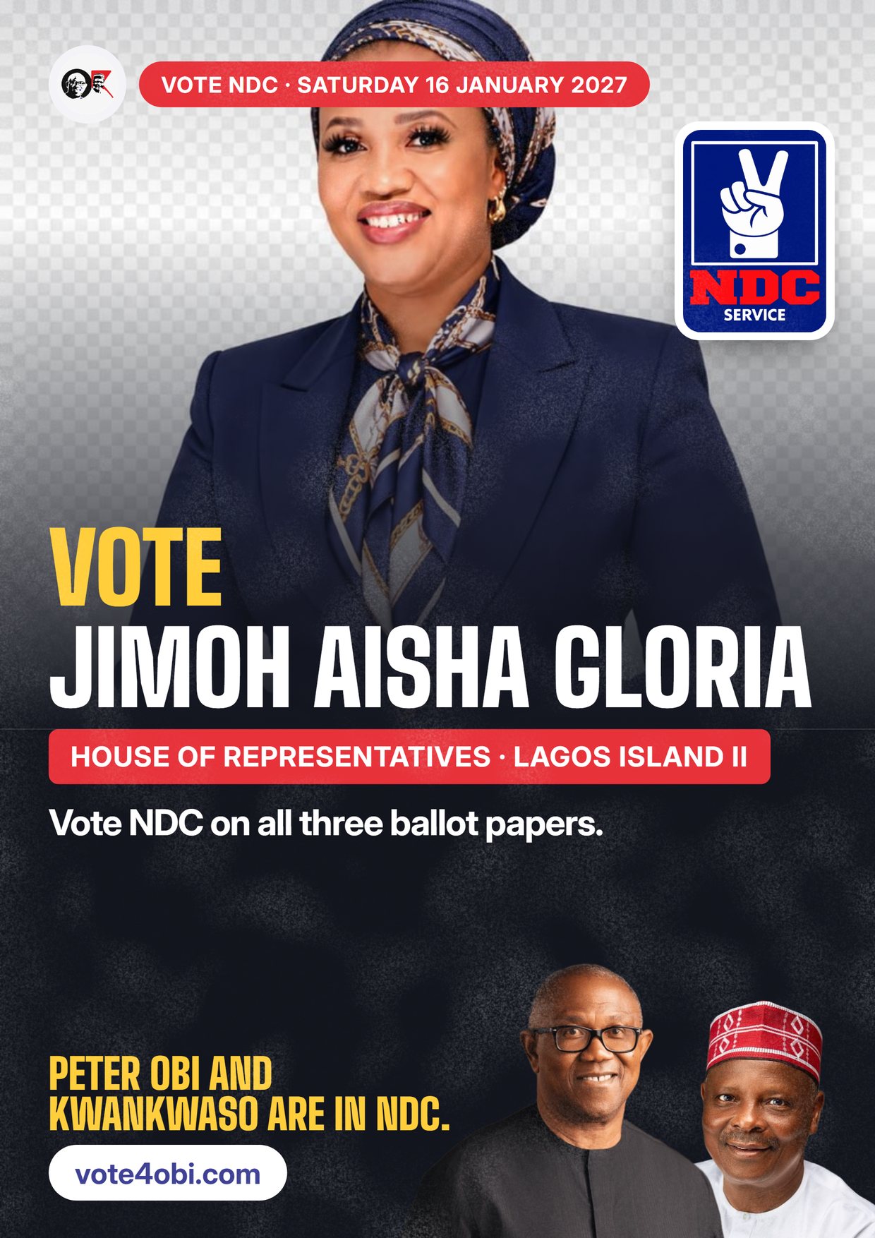 Poster: Jimoh Aisha Gloria, NDC candidate for the House of Representatives, Lagos Island II