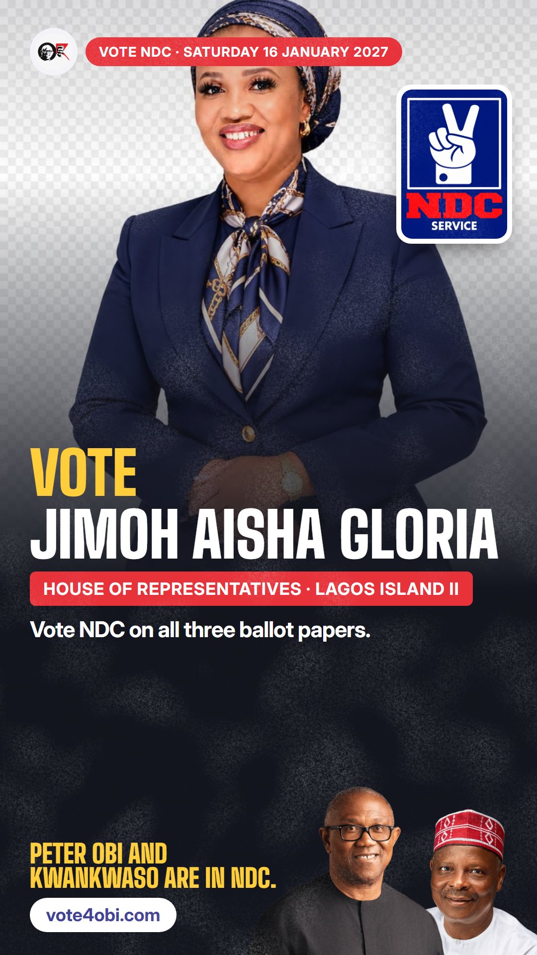 WhatsApp status picture: Jimoh Aisha Gloria, NDC candidate for the House of Representatives, Lagos Island II