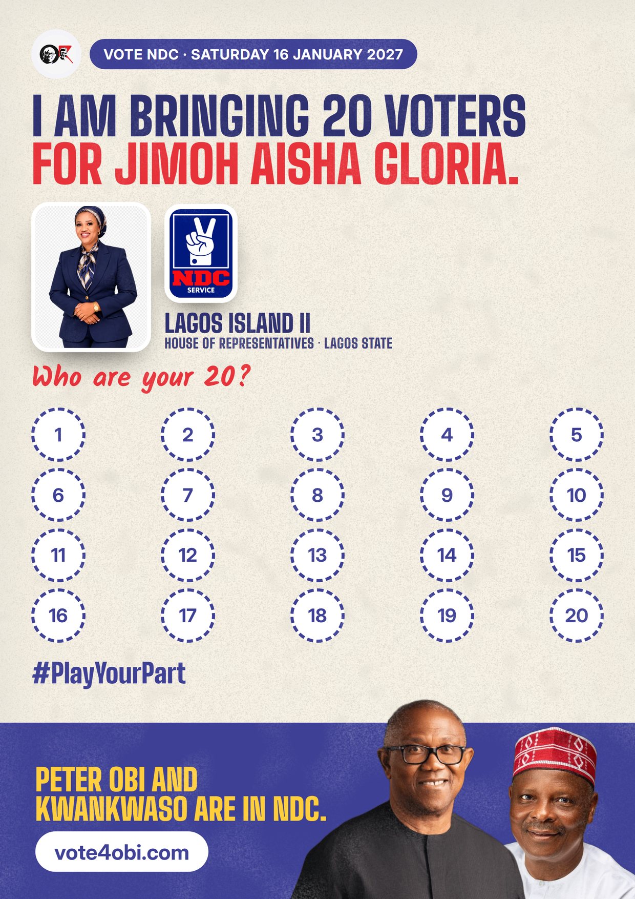 Poster: Jimoh Aisha Gloria, NDC candidate for the House of Representatives, Lagos Island II