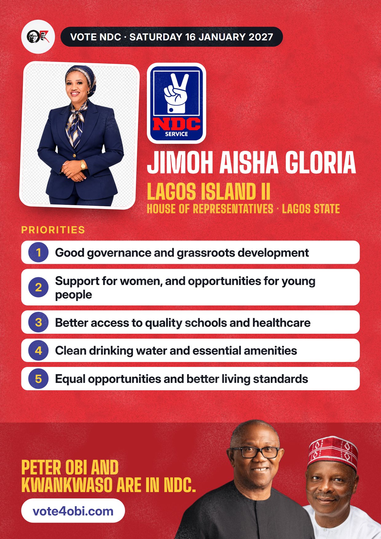 Poster: Jimoh Aisha Gloria, NDC candidate for the House of Representatives, Lagos Island II