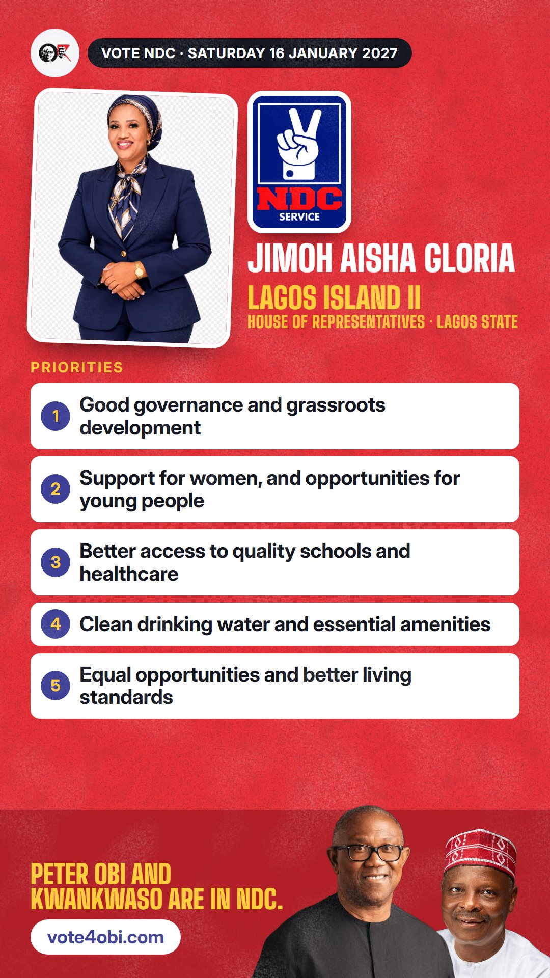 WhatsApp status picture: Jimoh Aisha Gloria, NDC candidate for the House of Representatives, Lagos Island II