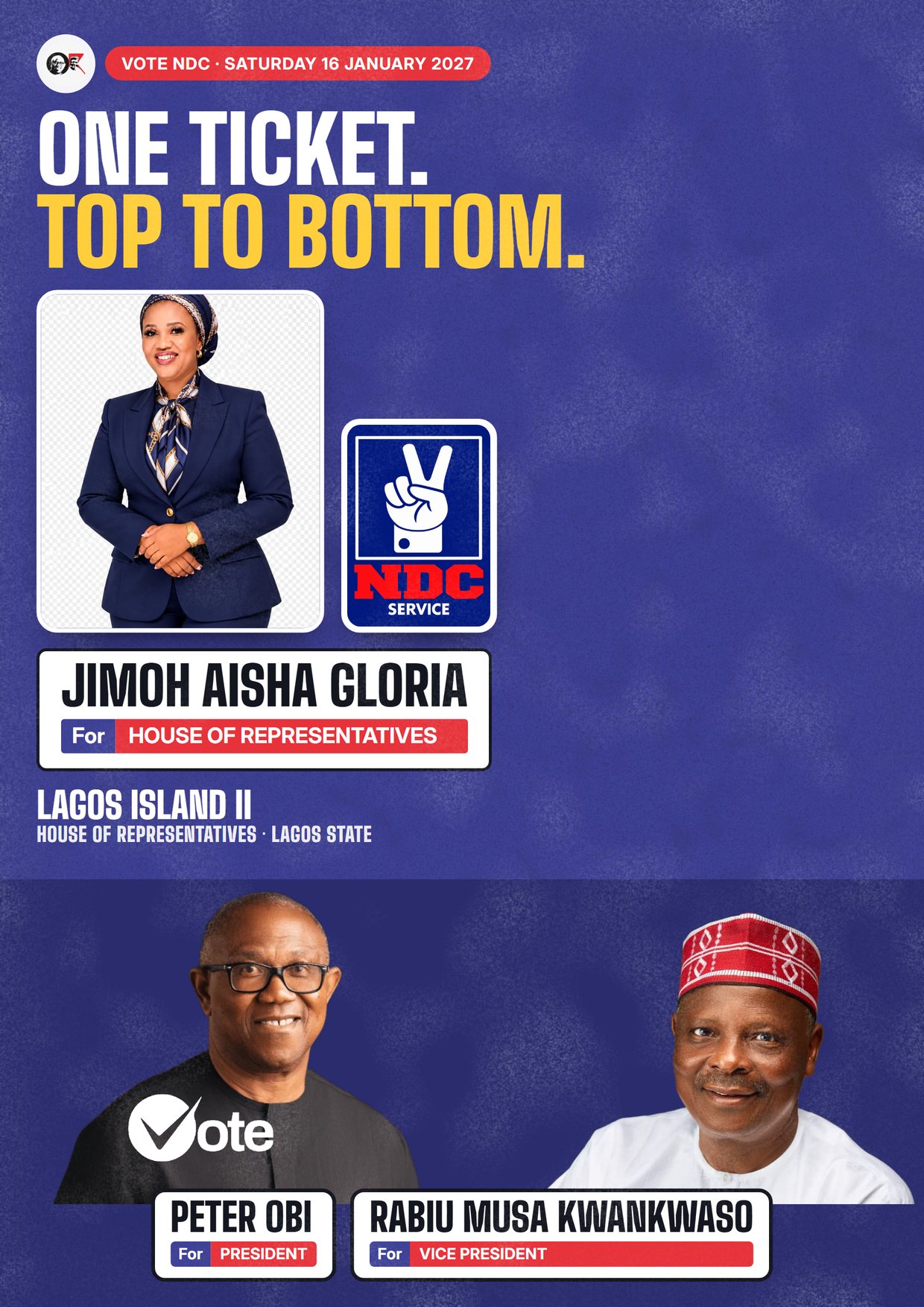 Poster: Jimoh Aisha Gloria, NDC candidate for the House of Representatives, Lagos Island II