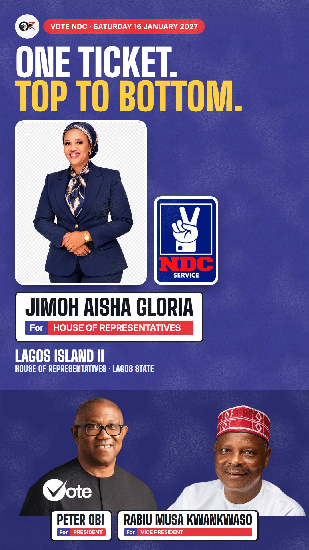 WhatsApp status picture: Jimoh Aisha Gloria, NDC candidate for the House of Representatives, Lagos Island II