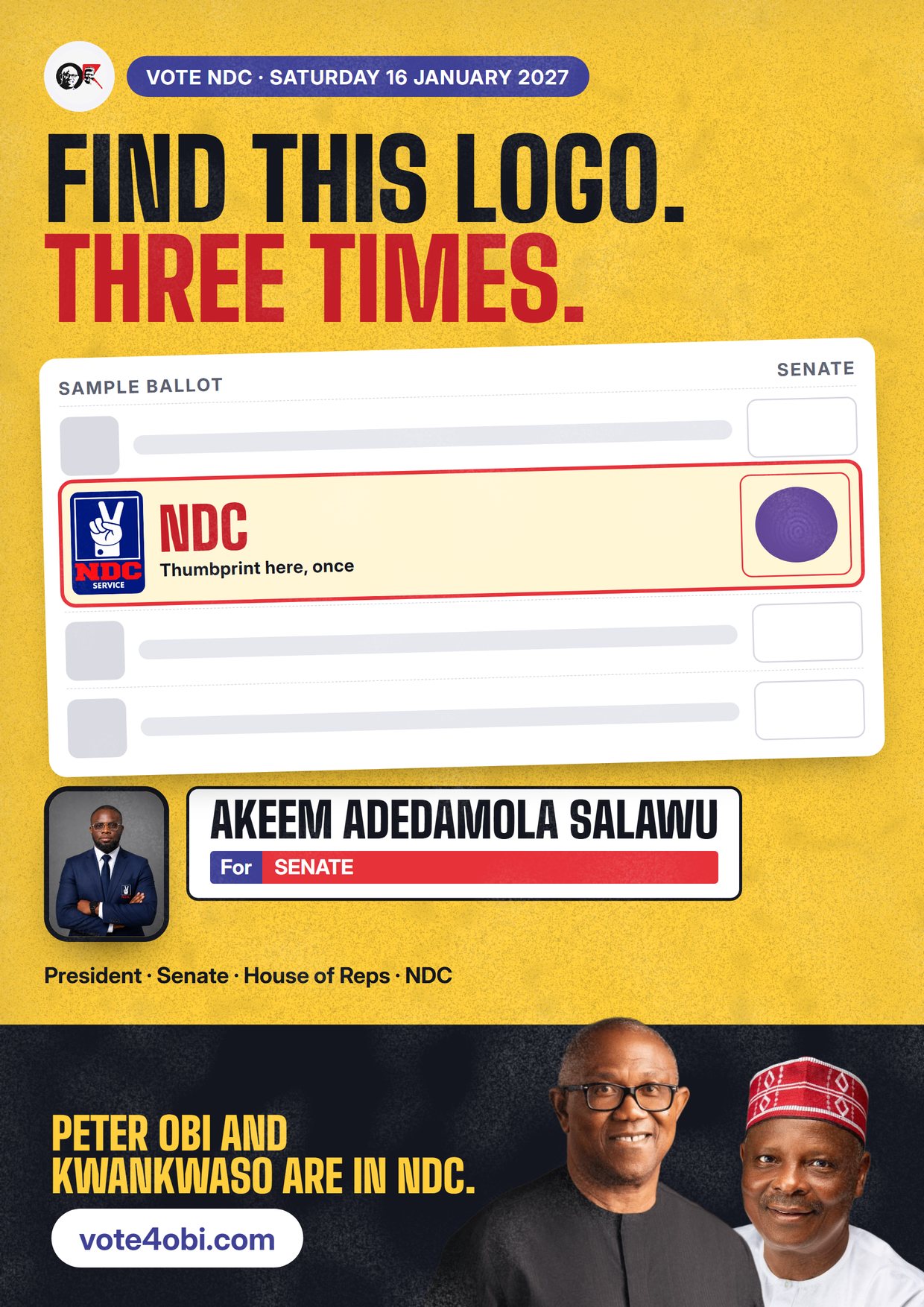 Poster: Akeem Adedamola Salawu, NDC candidate for the Senate, Oyo Central
