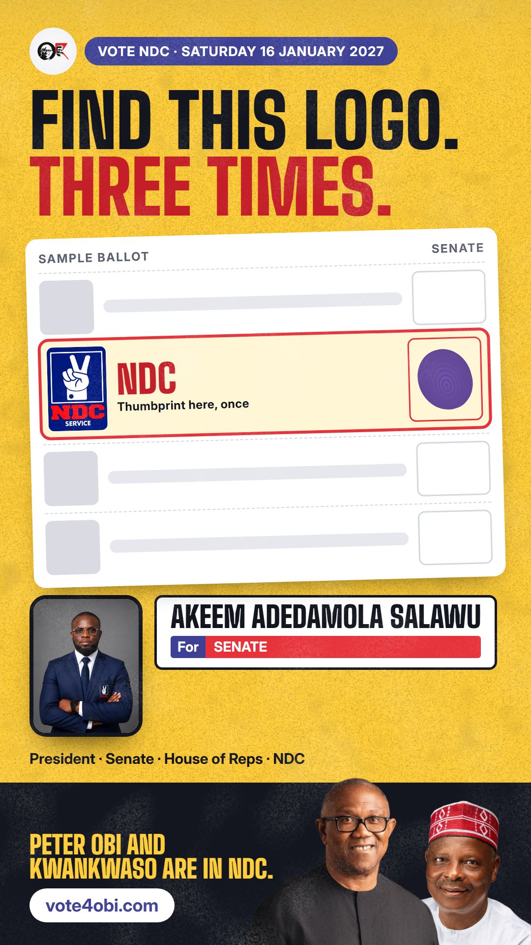 WhatsApp status picture: Akeem Adedamola Salawu, NDC candidate for the Senate, Oyo Central