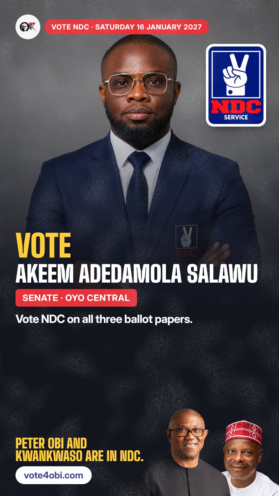 WhatsApp status picture: Akeem Adedamola Salawu, NDC candidate for the Senate, Oyo Central