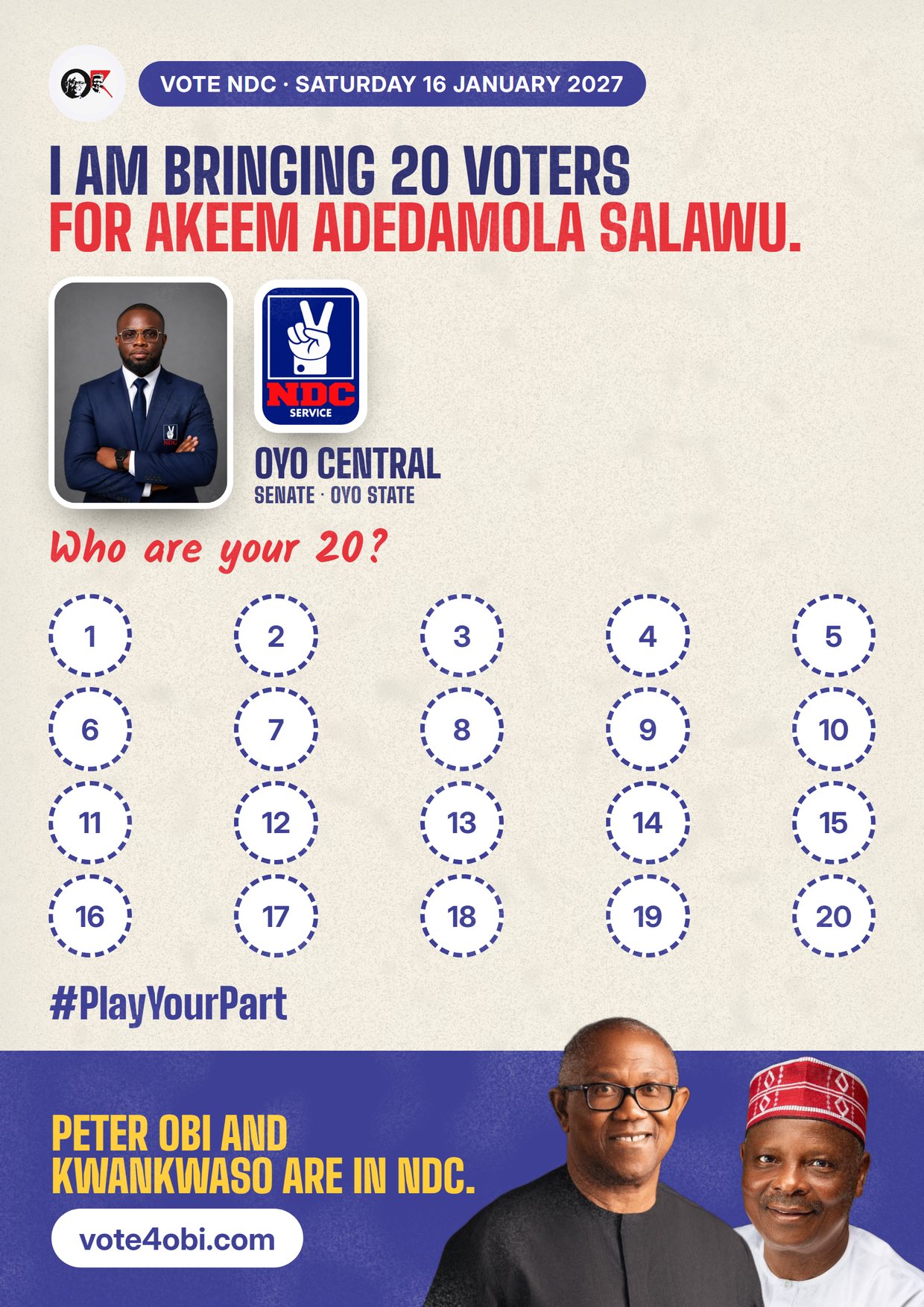 Poster: Akeem Adedamola Salawu, NDC candidate for the Senate, Oyo Central