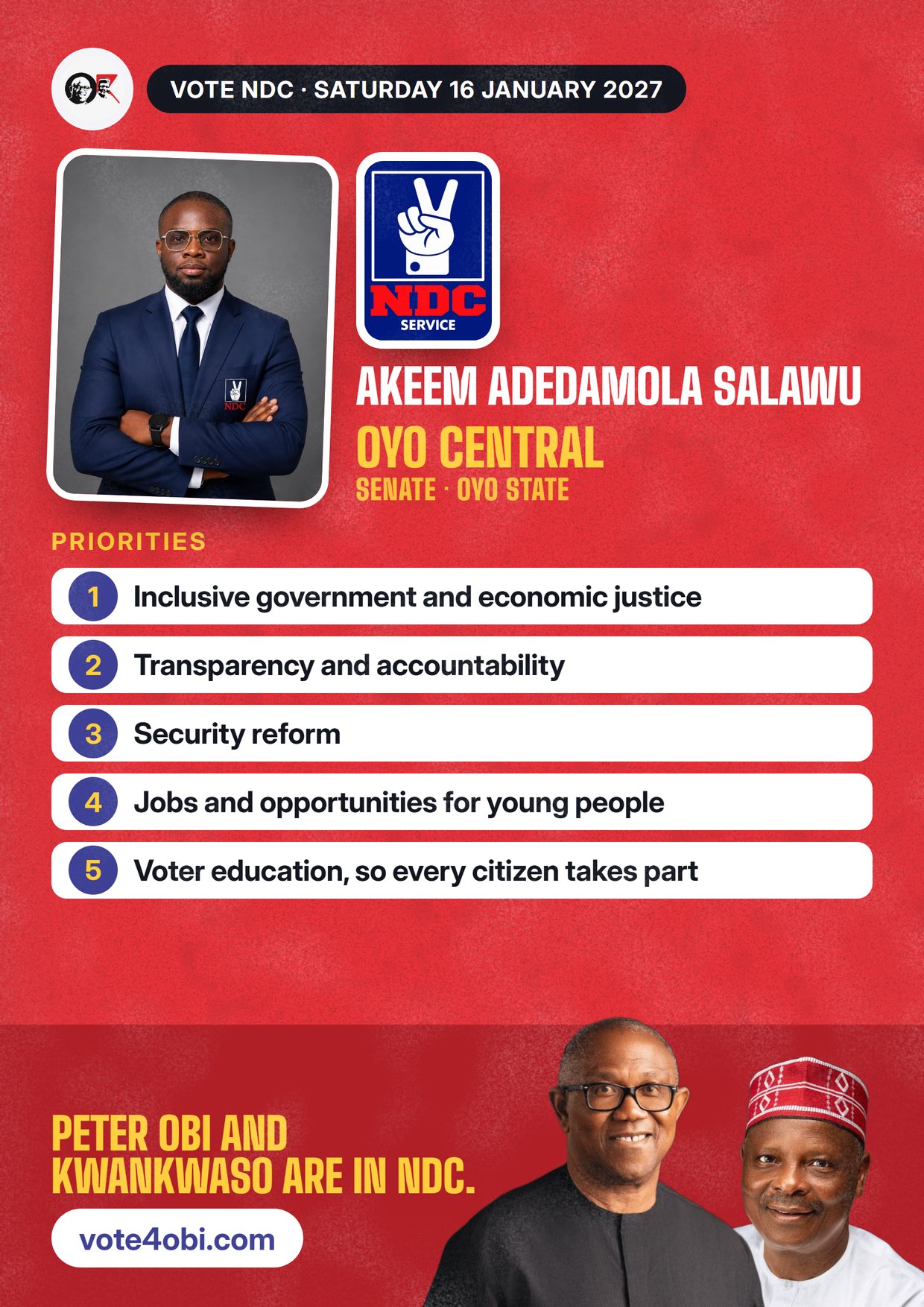 Poster: Akeem Adedamola Salawu, NDC candidate for the Senate, Oyo Central