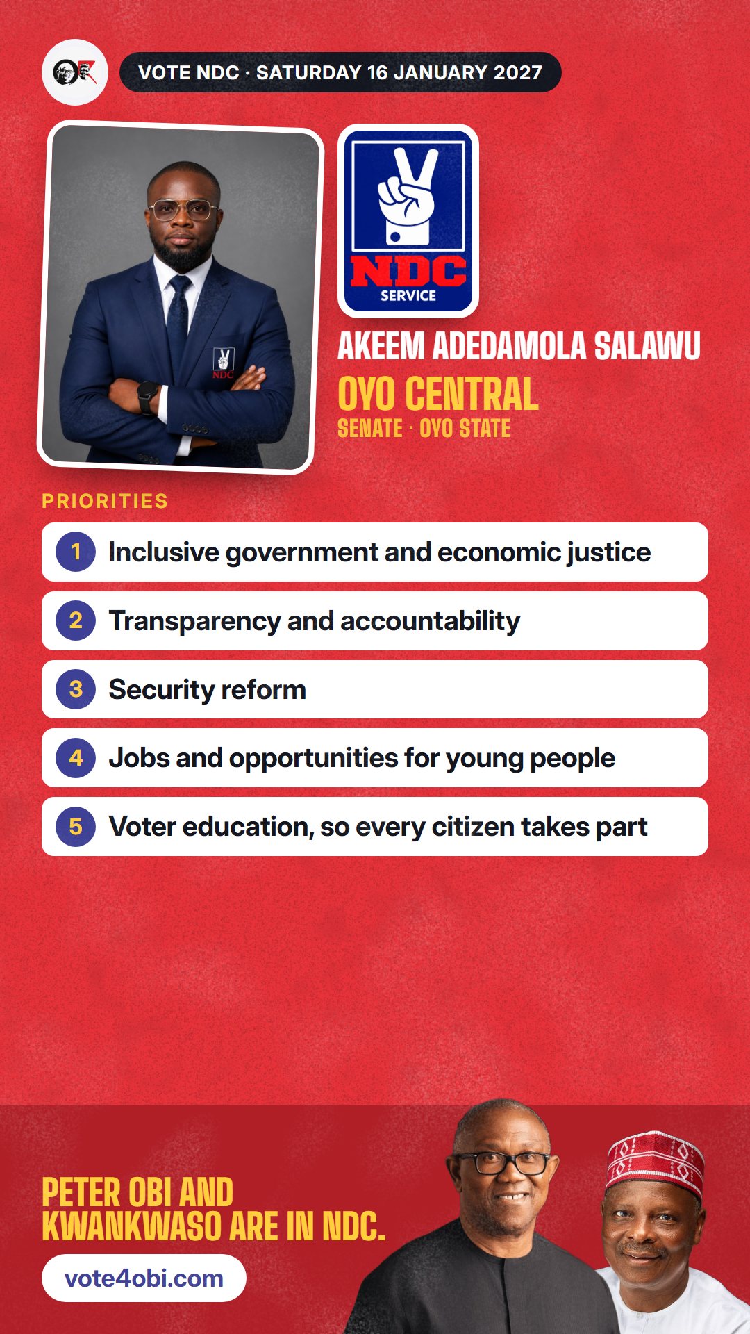 WhatsApp status picture: Akeem Adedamola Salawu, NDC candidate for the Senate, Oyo Central