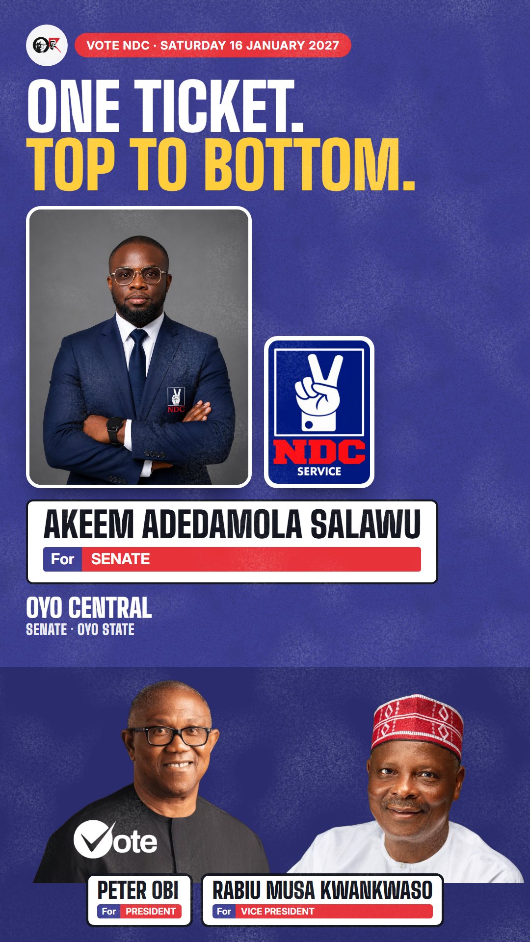 WhatsApp status picture: Akeem Adedamola Salawu, NDC candidate for the Senate, Oyo Central