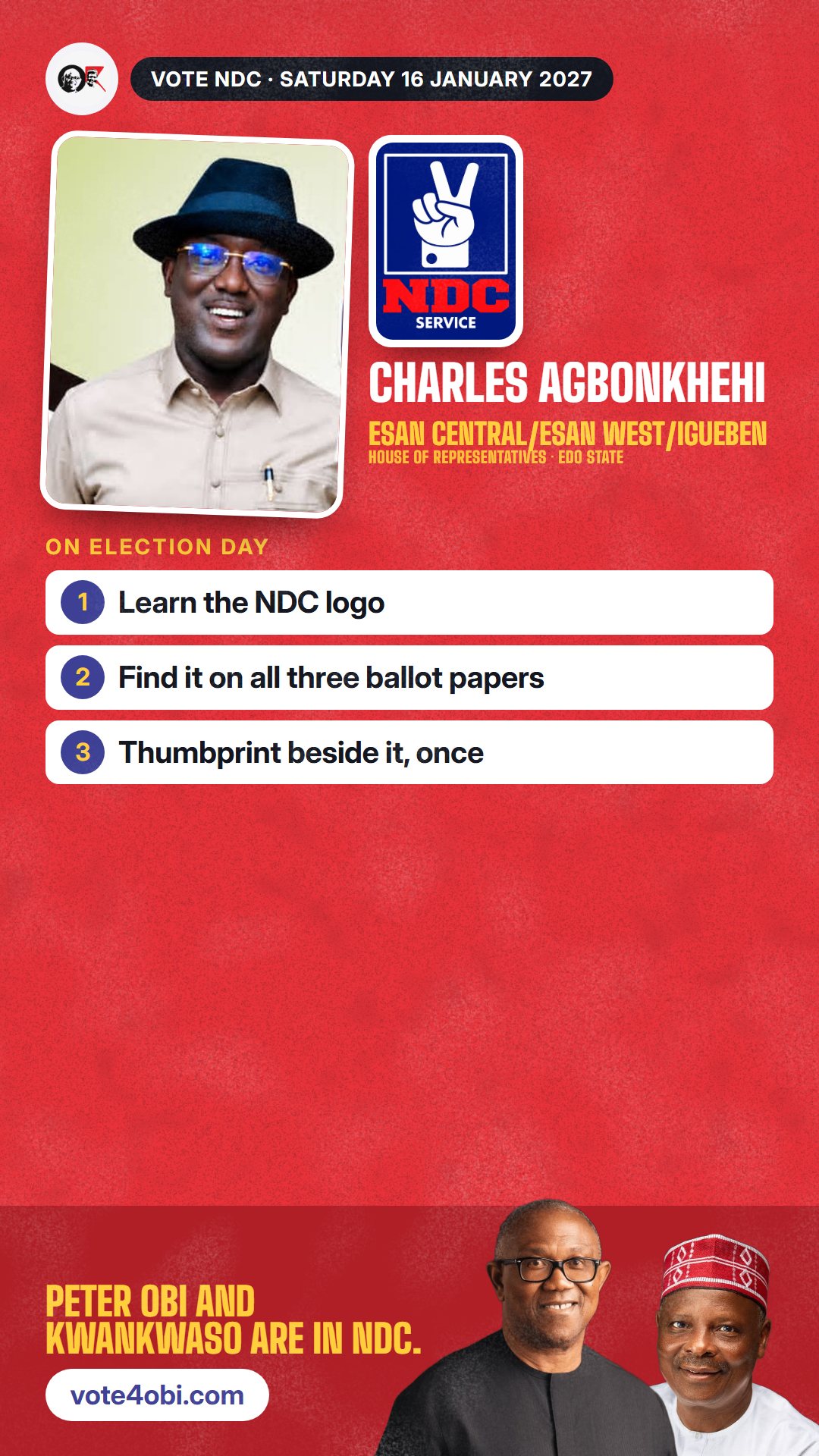 WhatsApp status picture: Charles Agbonkhehi, NDC candidate for the House of Representatives, Esan Central/Esan West/Igueben