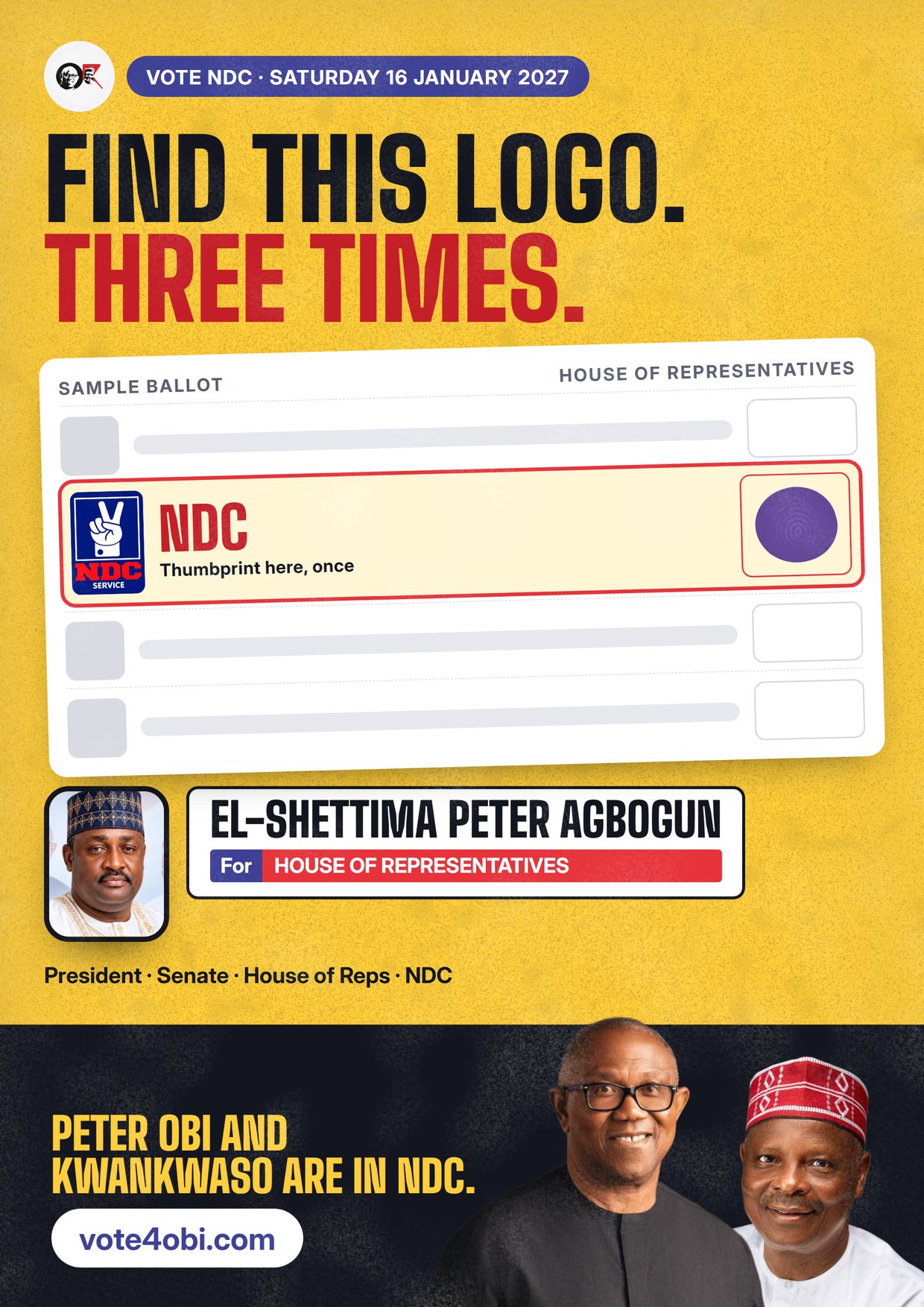 Poster: El-Shettima Peter Agbogun, NDC candidate for the House of Representatives, Lokoja/Kogi (K.K.)