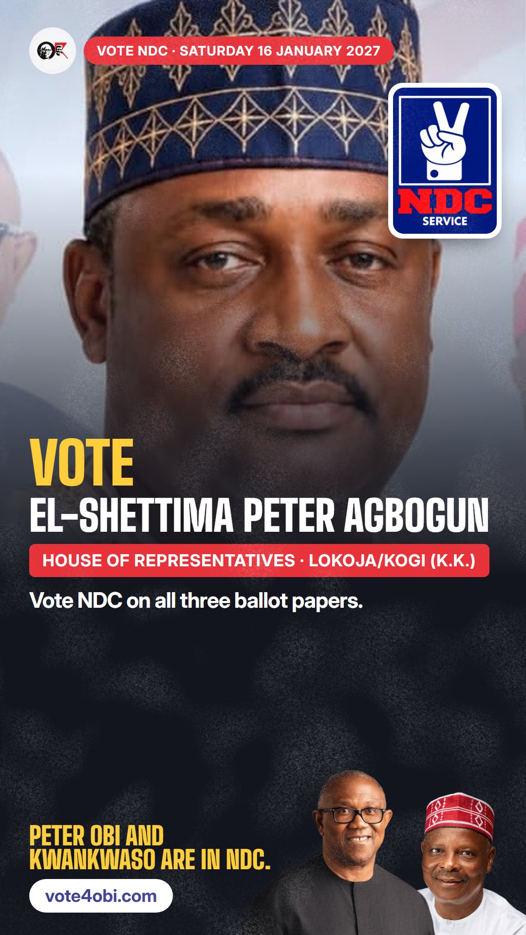 WhatsApp status picture: El-Shettima Peter Agbogun, NDC candidate for the House of Representatives, Lokoja/Kogi (K.K.)