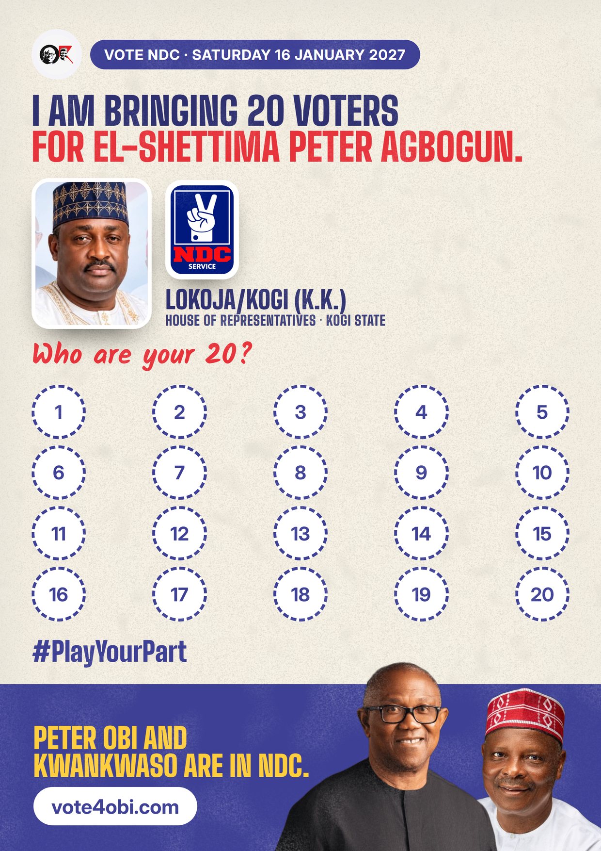 Poster: El-Shettima Peter Agbogun, NDC candidate for the House of Representatives, Lokoja/Kogi (K.K.)