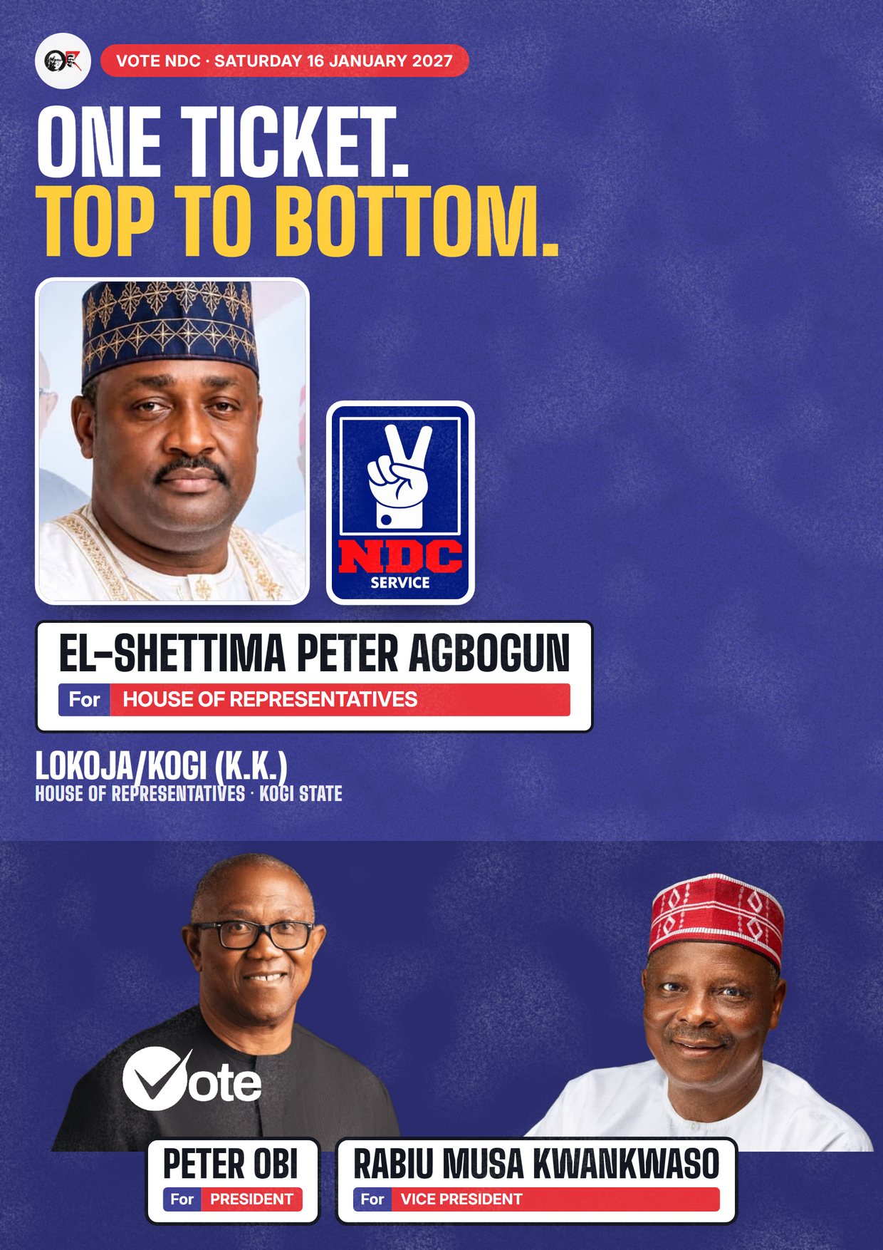 Poster: El-Shettima Peter Agbogun, NDC candidate for the House of Representatives, Lokoja/Kogi (K.K.)