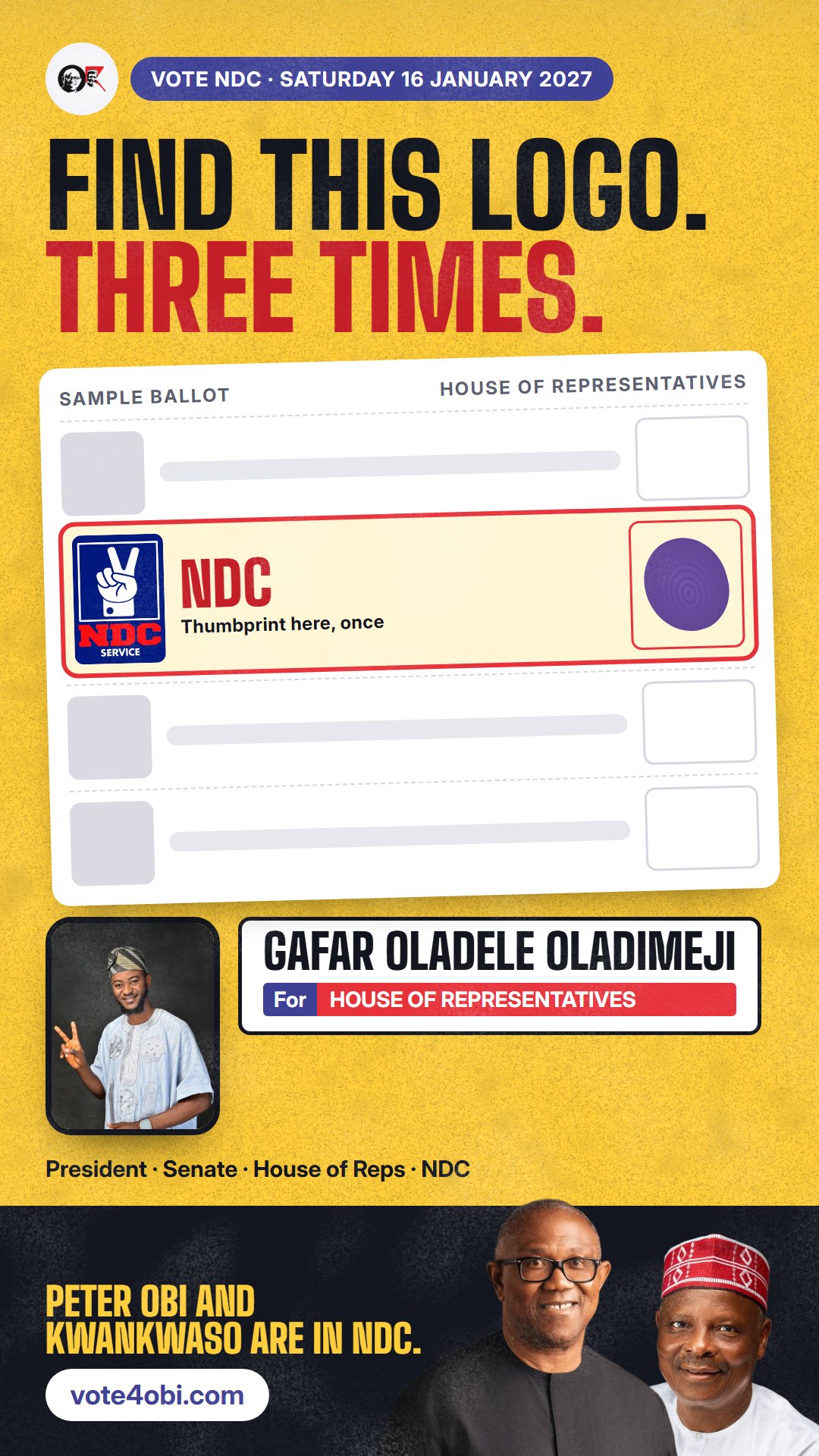 WhatsApp status picture: Gafar Oladele Oladimeji, NDC candidate for the House of Representatives, Irepo/Olorunsogo/Oorelope