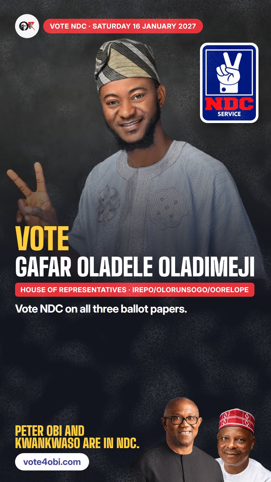WhatsApp status picture: Gafar Oladele Oladimeji, NDC candidate for the House of Representatives, Irepo/Olorunsogo/Oorelope
