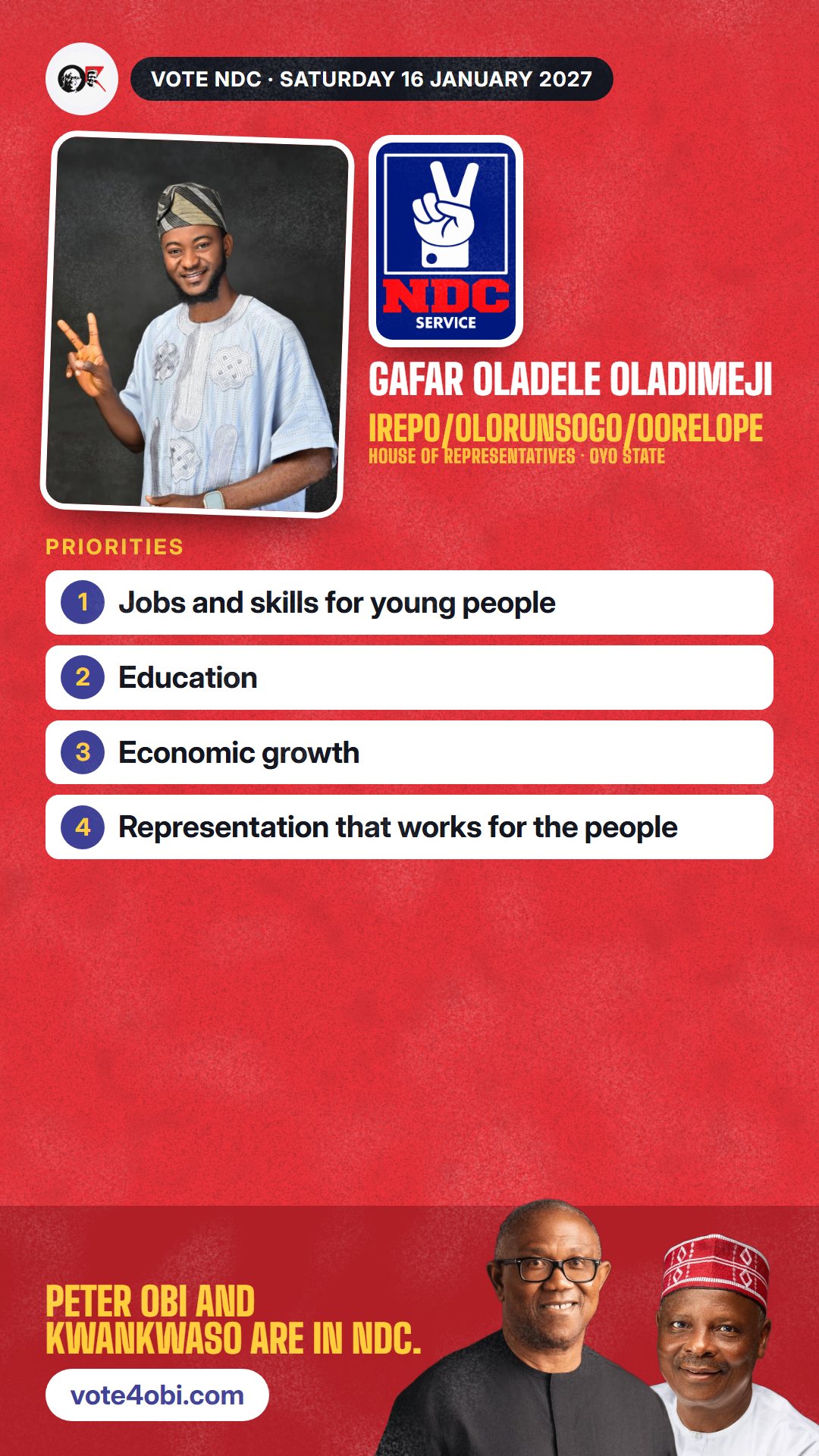 WhatsApp status picture: Gafar Oladele Oladimeji, NDC candidate for the House of Representatives, Irepo/Olorunsogo/Oorelope