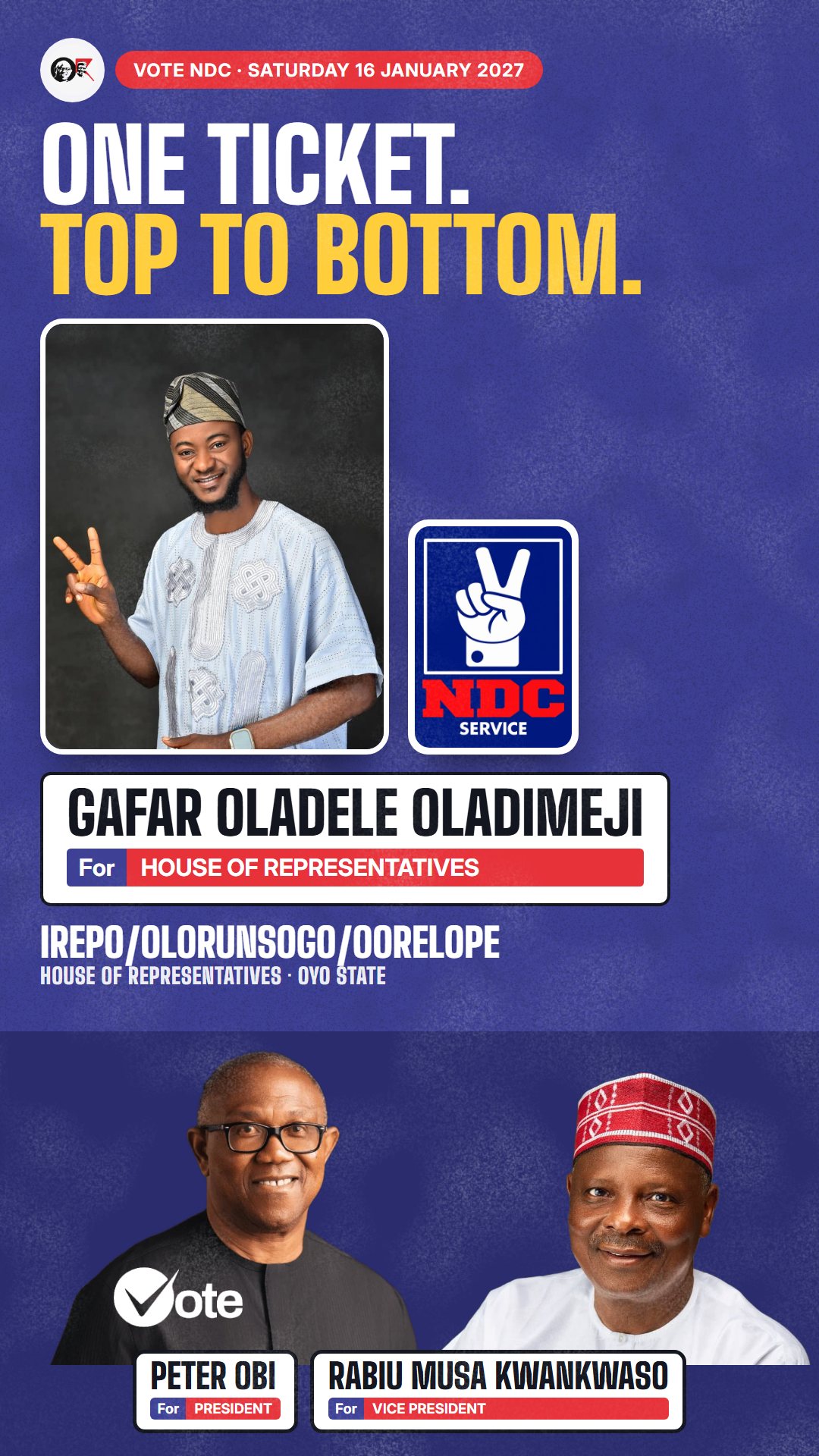 WhatsApp status picture: Gafar Oladele Oladimeji, NDC candidate for the House of Representatives, Irepo/Olorunsogo/Oorelope