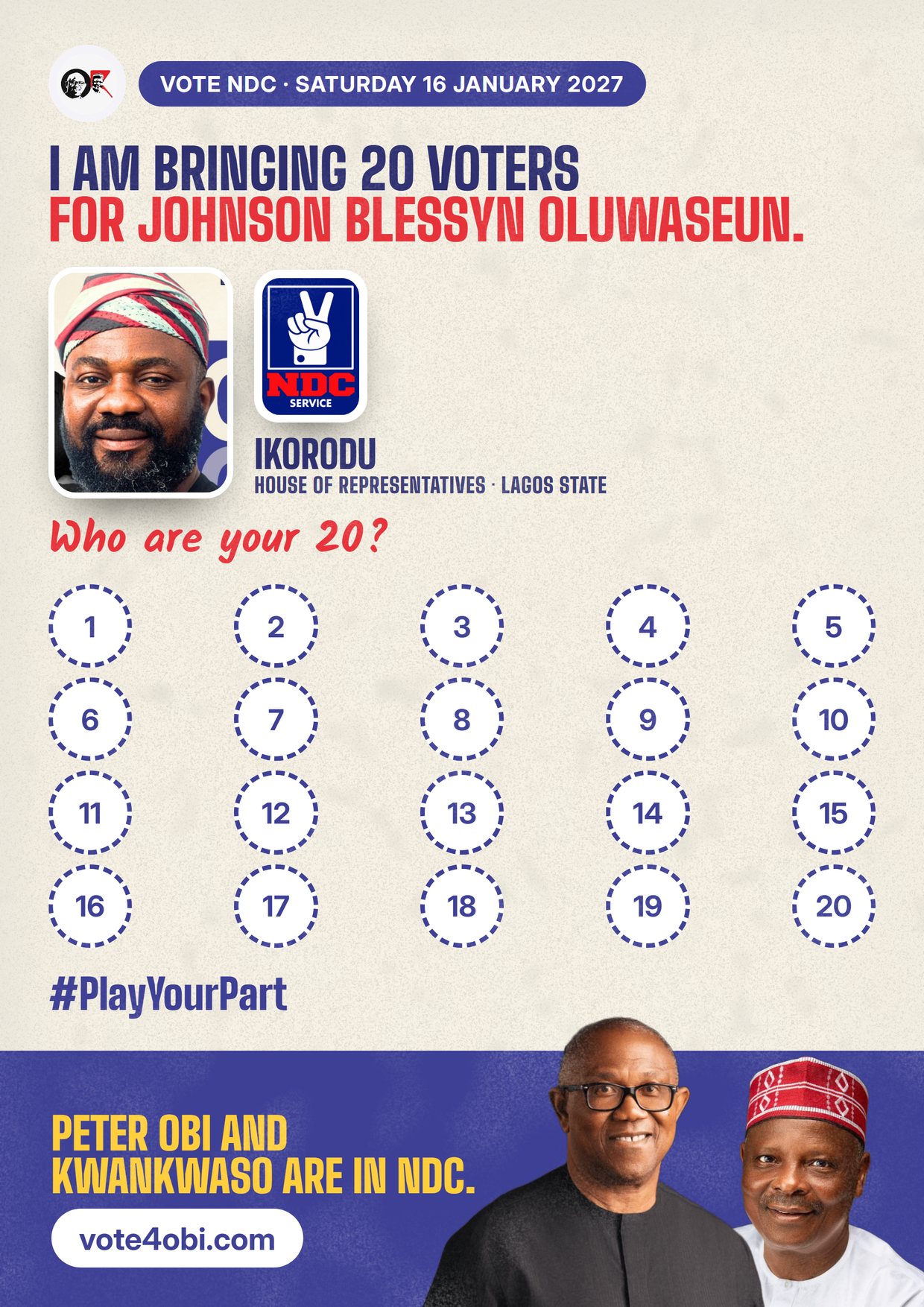 Poster: Johnson Blessyn Oluwaseun, NDC candidate for the House of Representatives, Ikorodu