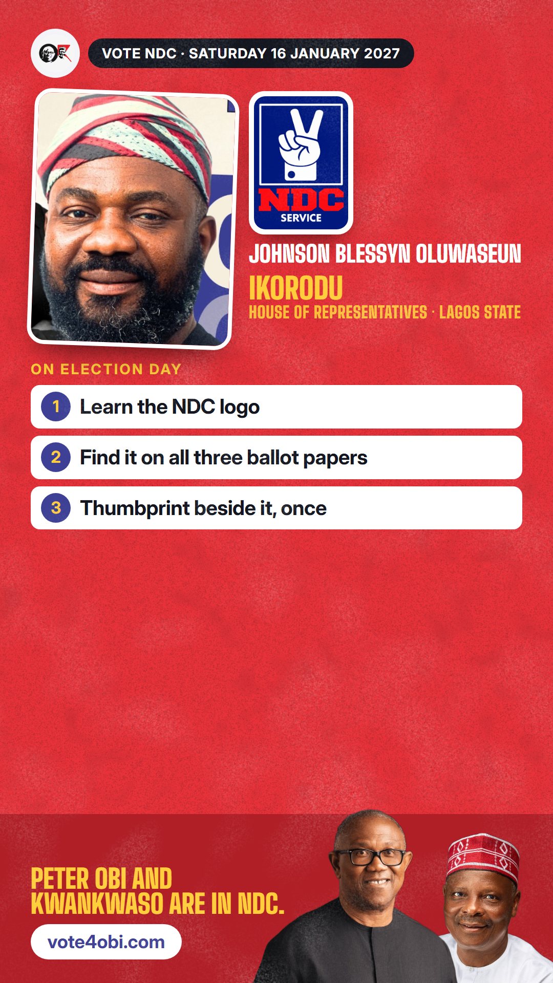 WhatsApp status picture: Johnson Blessyn Oluwaseun, NDC candidate for the House of Representatives, Ikorodu