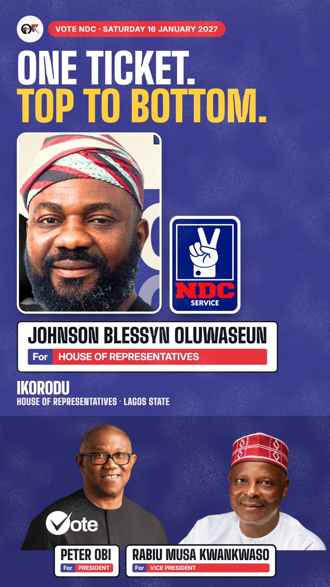 WhatsApp status picture: Johnson Blessyn Oluwaseun, NDC candidate for the House of Representatives, Ikorodu