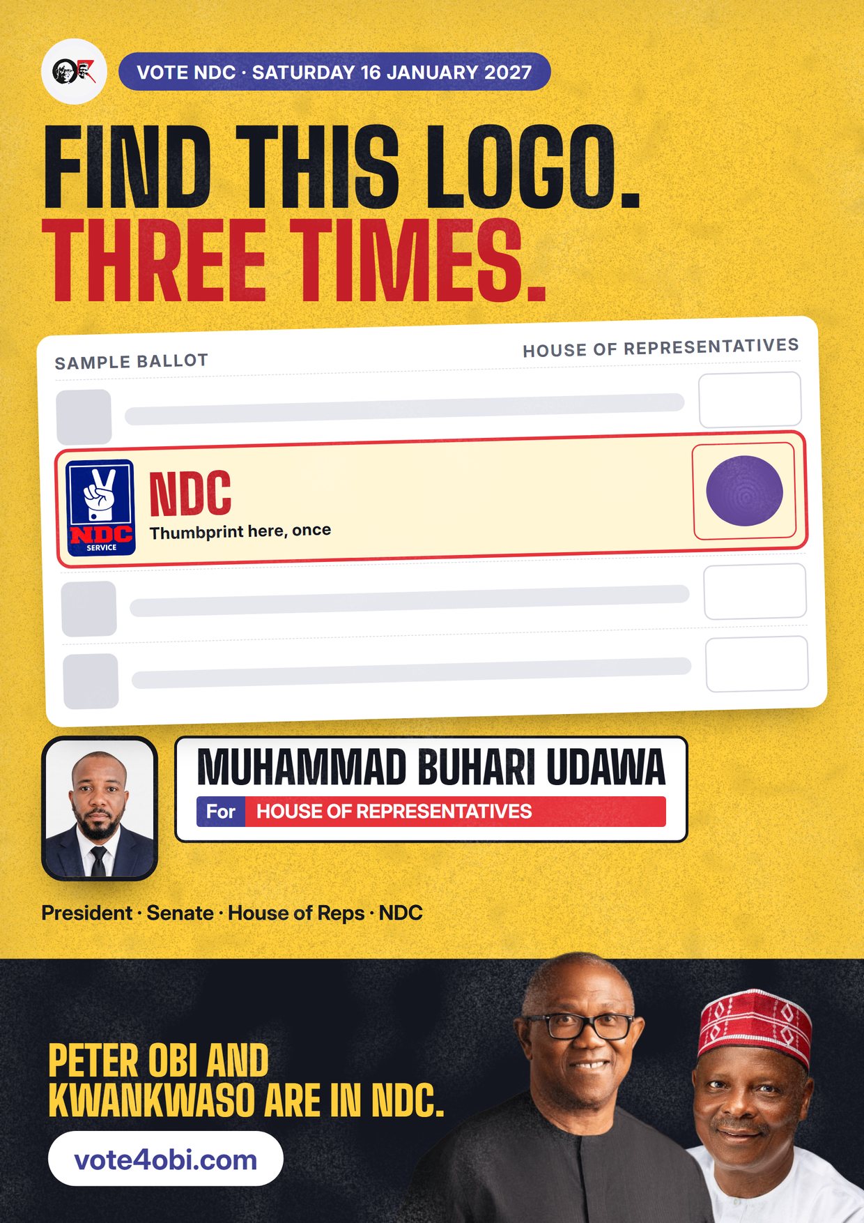 Poster: Muhammad Buhari Udawa, NDC candidate for the House of Representatives, Chikun/Kajuru