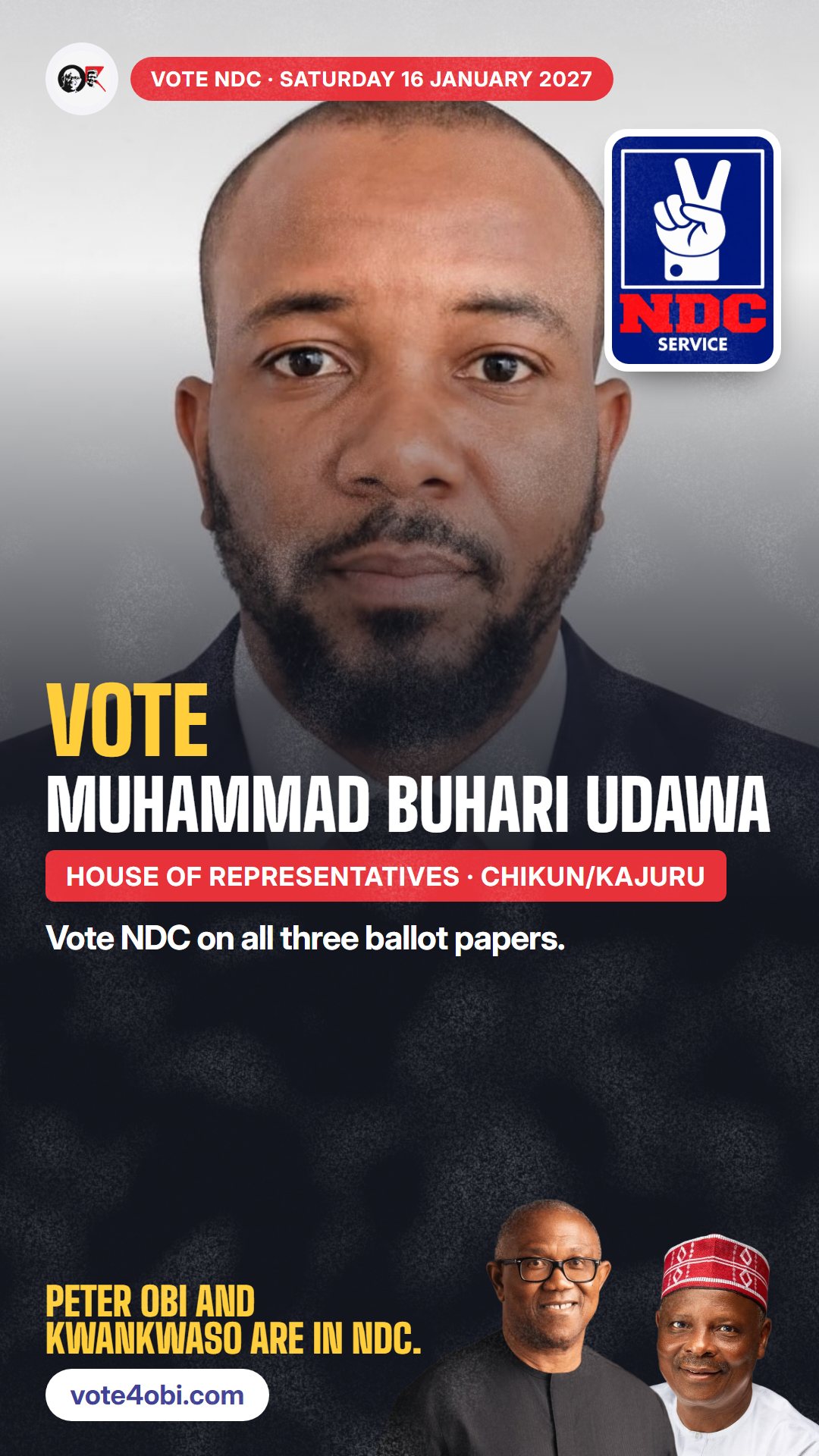 WhatsApp status picture: Muhammad Buhari Udawa, NDC candidate for the House of Representatives, Chikun/Kajuru