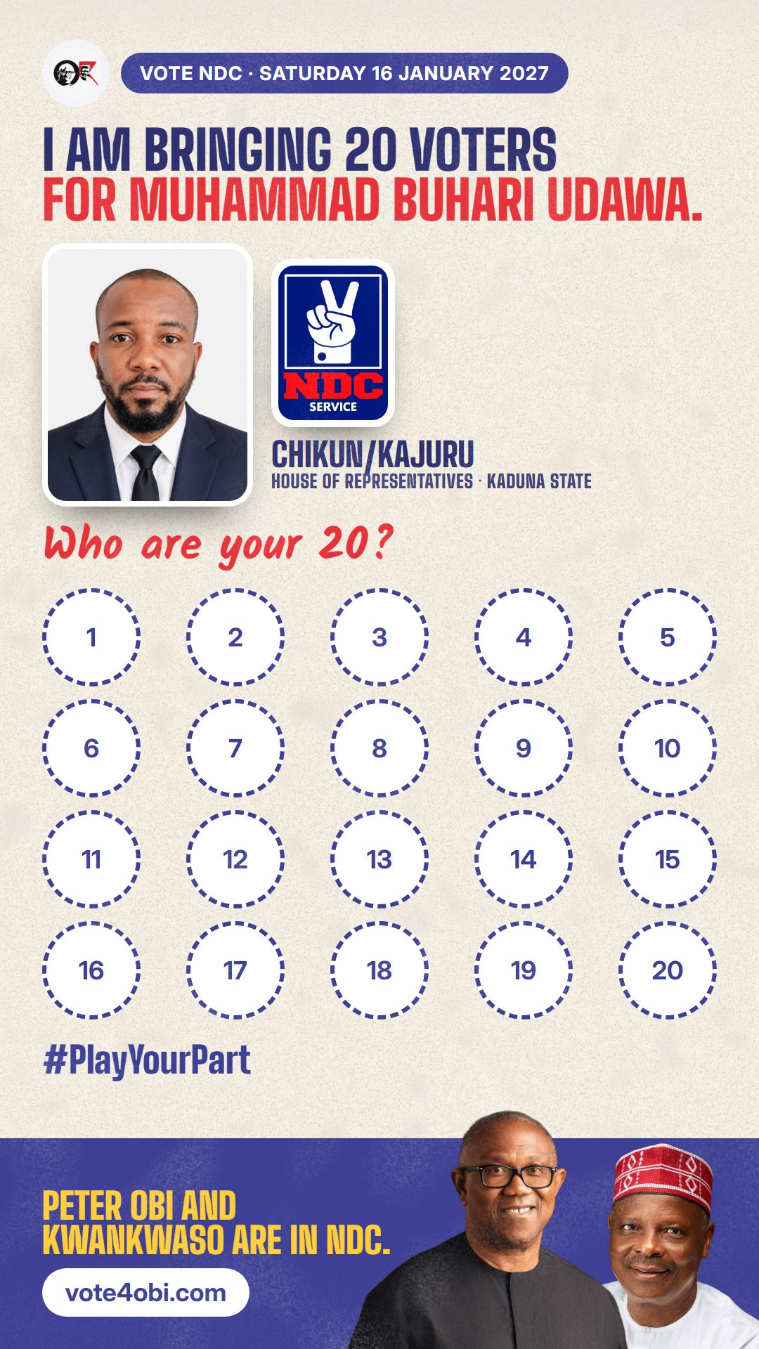 WhatsApp status picture: Muhammad Buhari Udawa, NDC candidate for the House of Representatives, Chikun/Kajuru