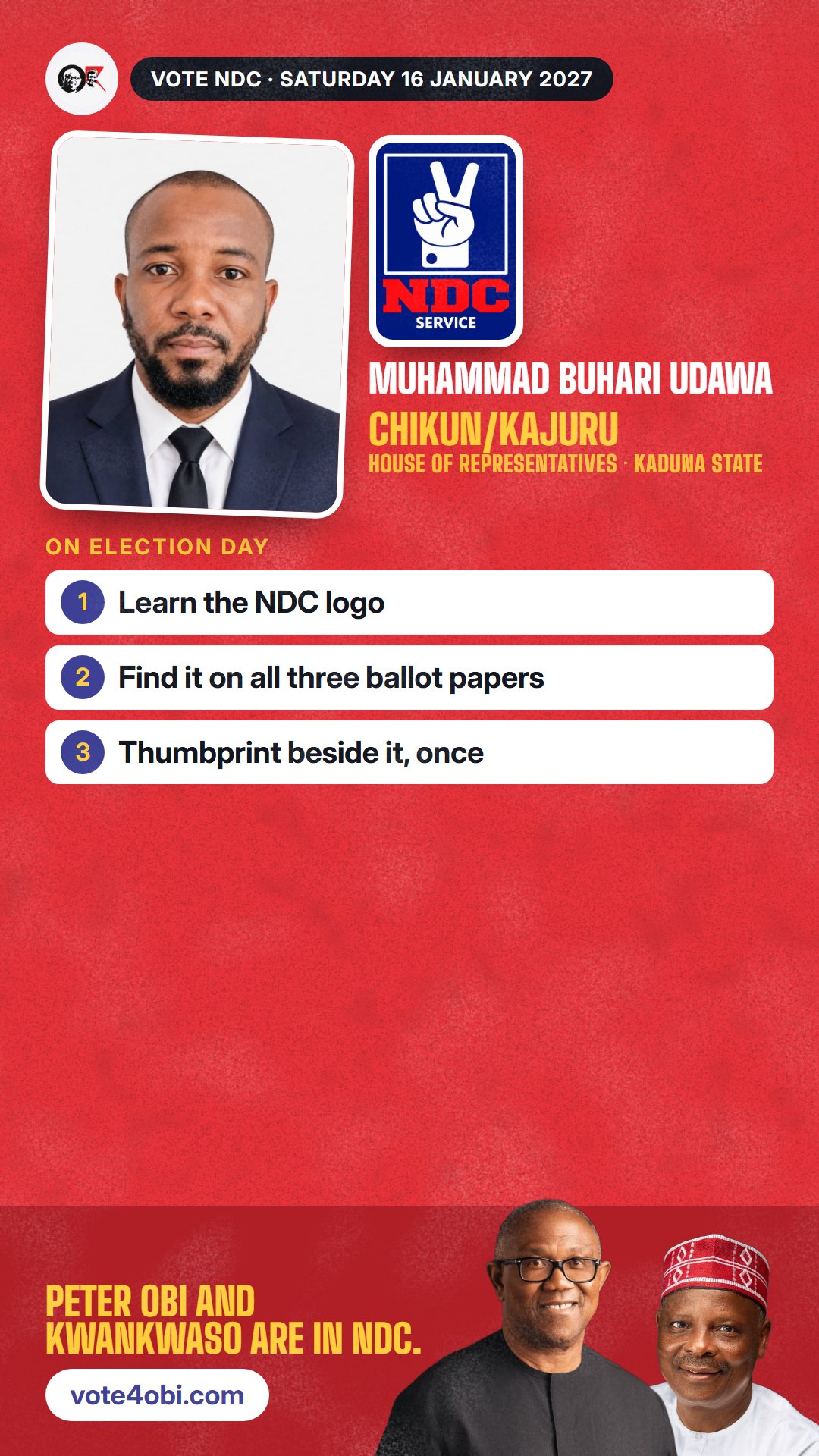 WhatsApp status picture: Muhammad Buhari Udawa, NDC candidate for the House of Representatives, Chikun/Kajuru