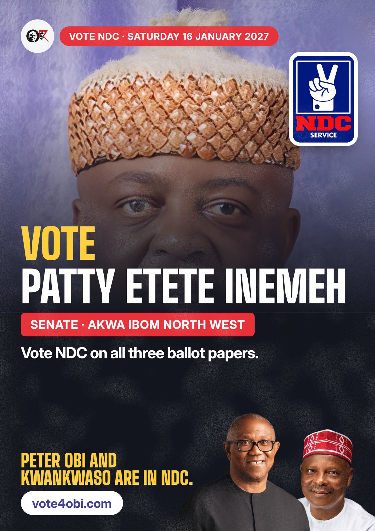 Poster: Patty Etete Inemeh, NDC candidate for the Senate, Akwa Ibom North West