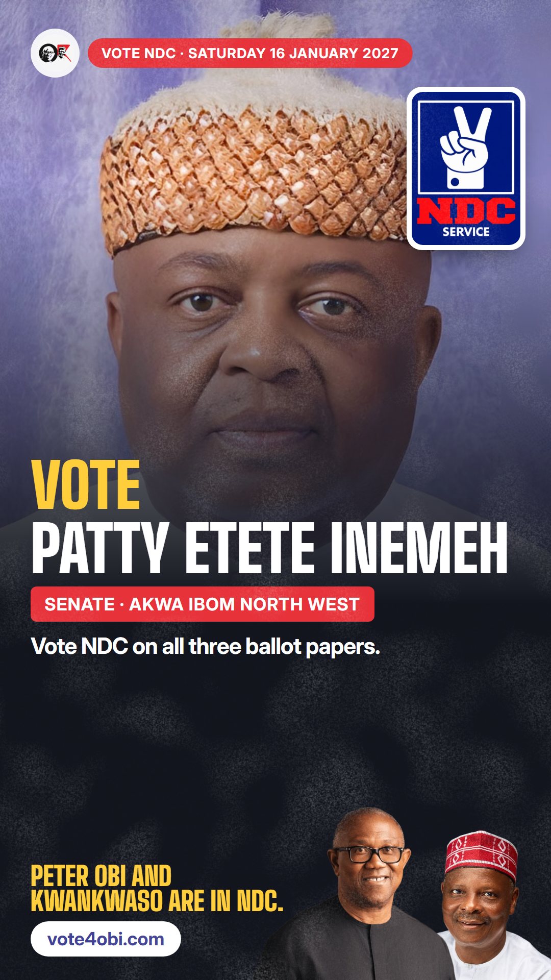 WhatsApp status picture: Patty Etete Inemeh, NDC candidate for the Senate, Akwa Ibom North West