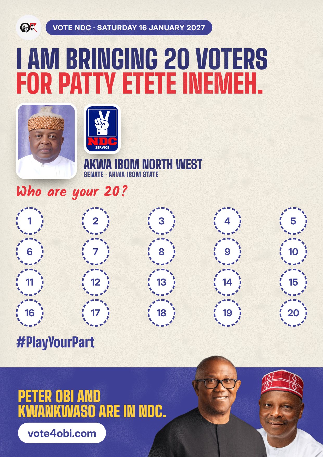 Poster: Patty Etete Inemeh, NDC candidate for the Senate, Akwa Ibom North West