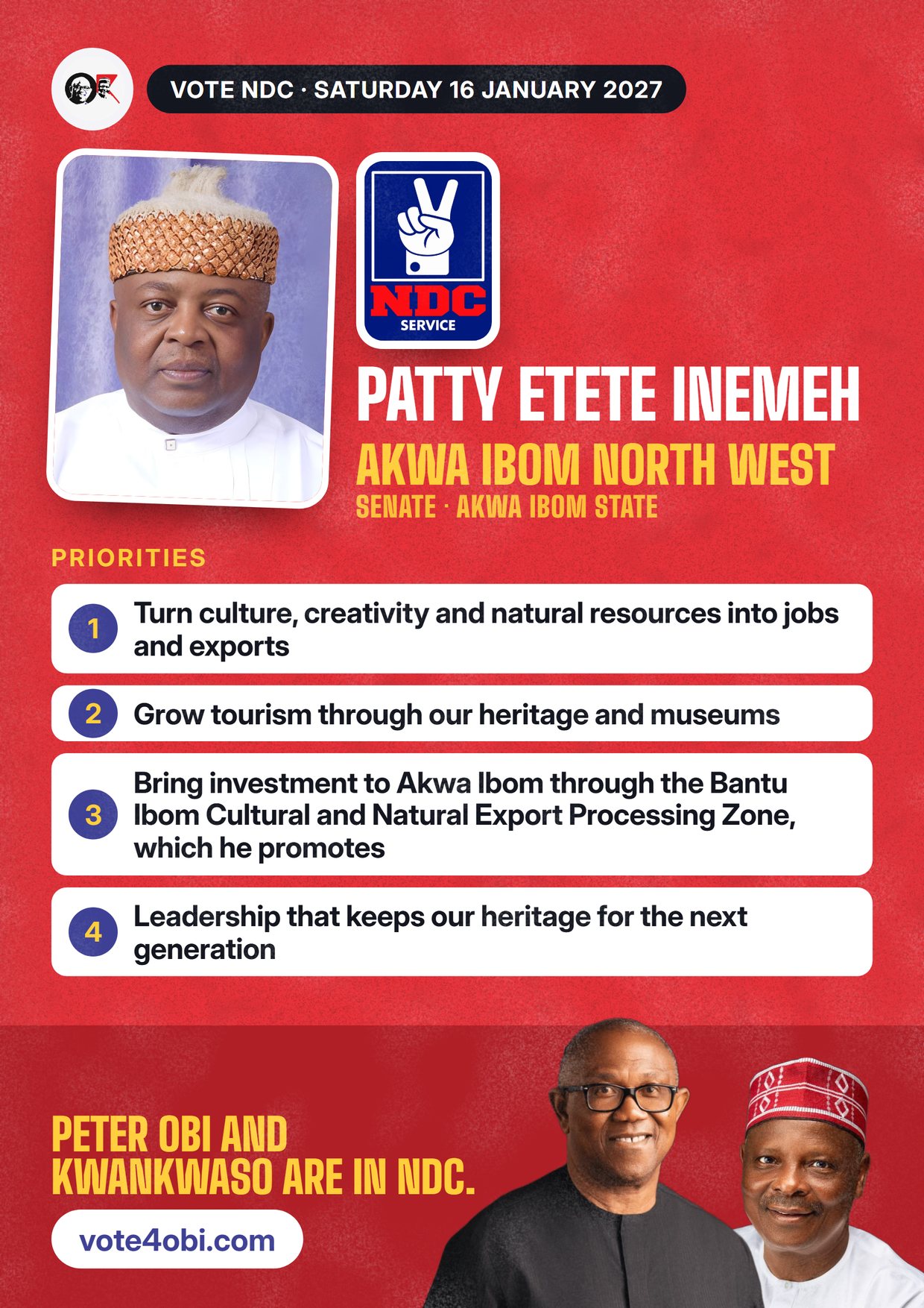 Poster: Patty Etete Inemeh, NDC candidate for the Senate, Akwa Ibom North West