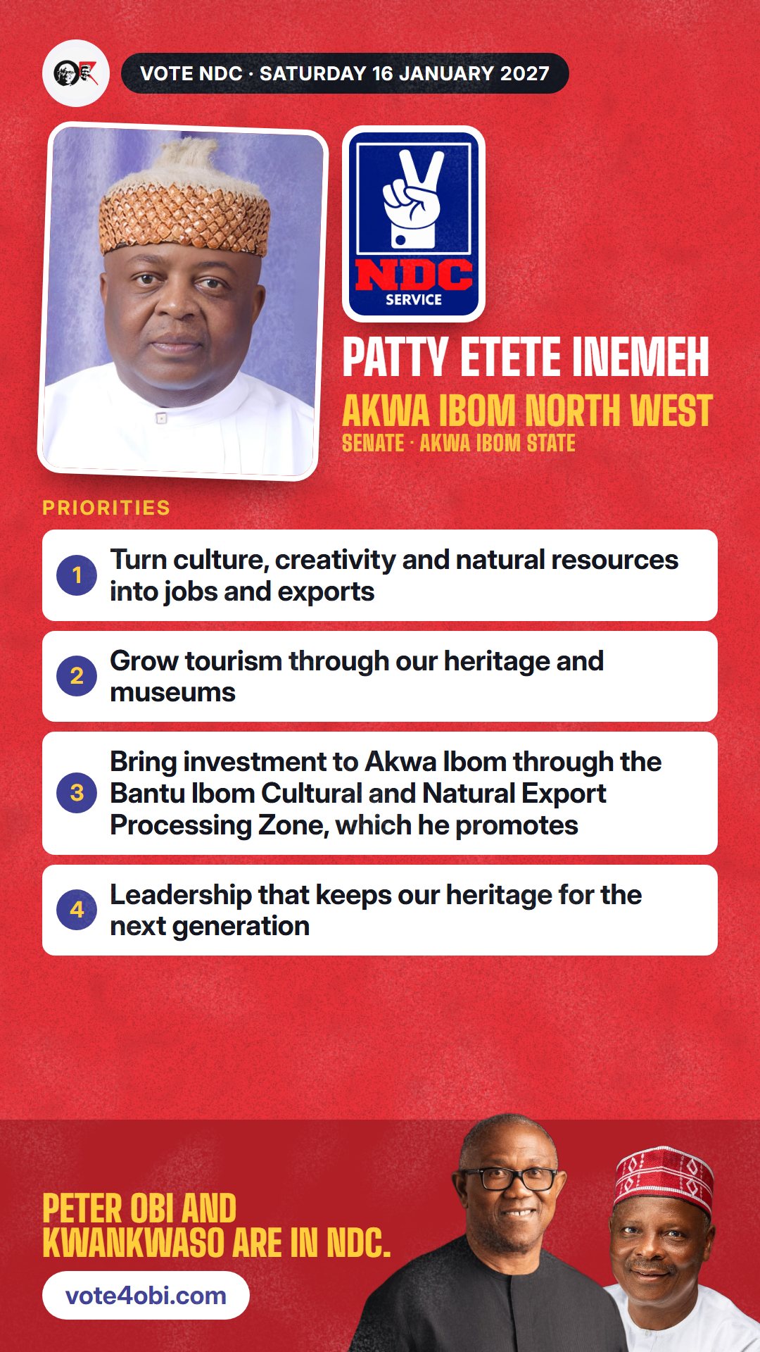 WhatsApp status picture: Patty Etete Inemeh, NDC candidate for the Senate, Akwa Ibom North West