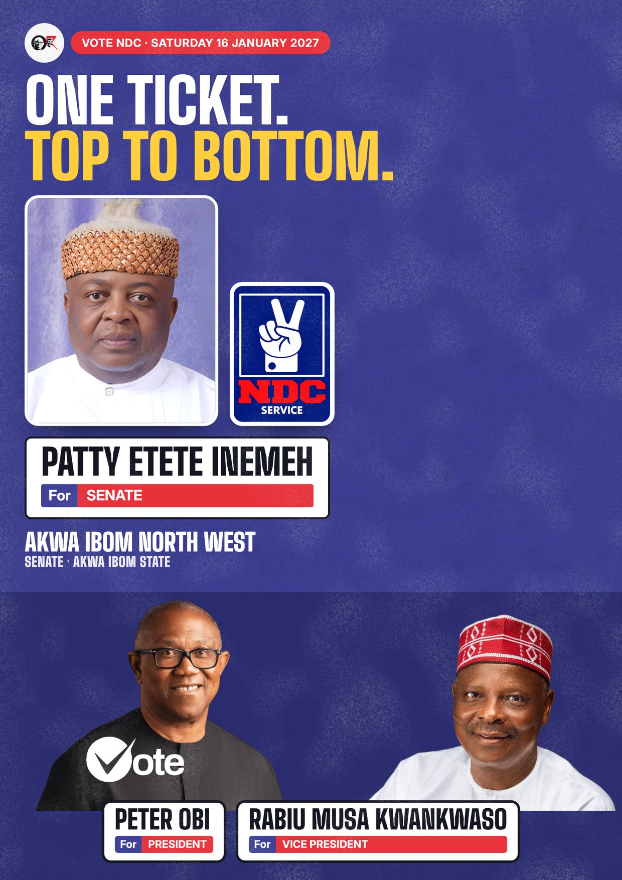 Poster: Patty Etete Inemeh, NDC candidate for the Senate, Akwa Ibom North West