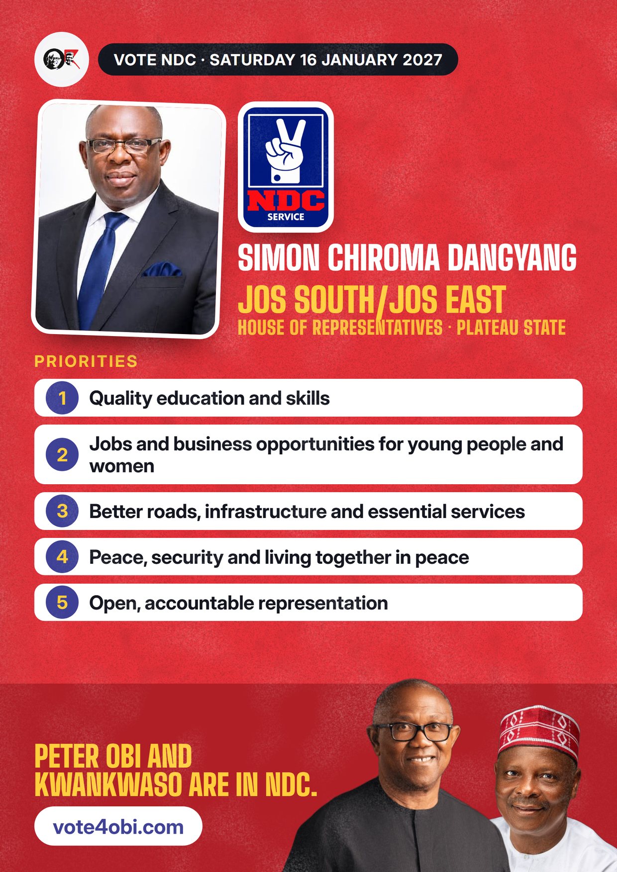 Poster: Simon Chiroma Dangyang, NDC candidate for the House of Representatives, Jos South/Jos East