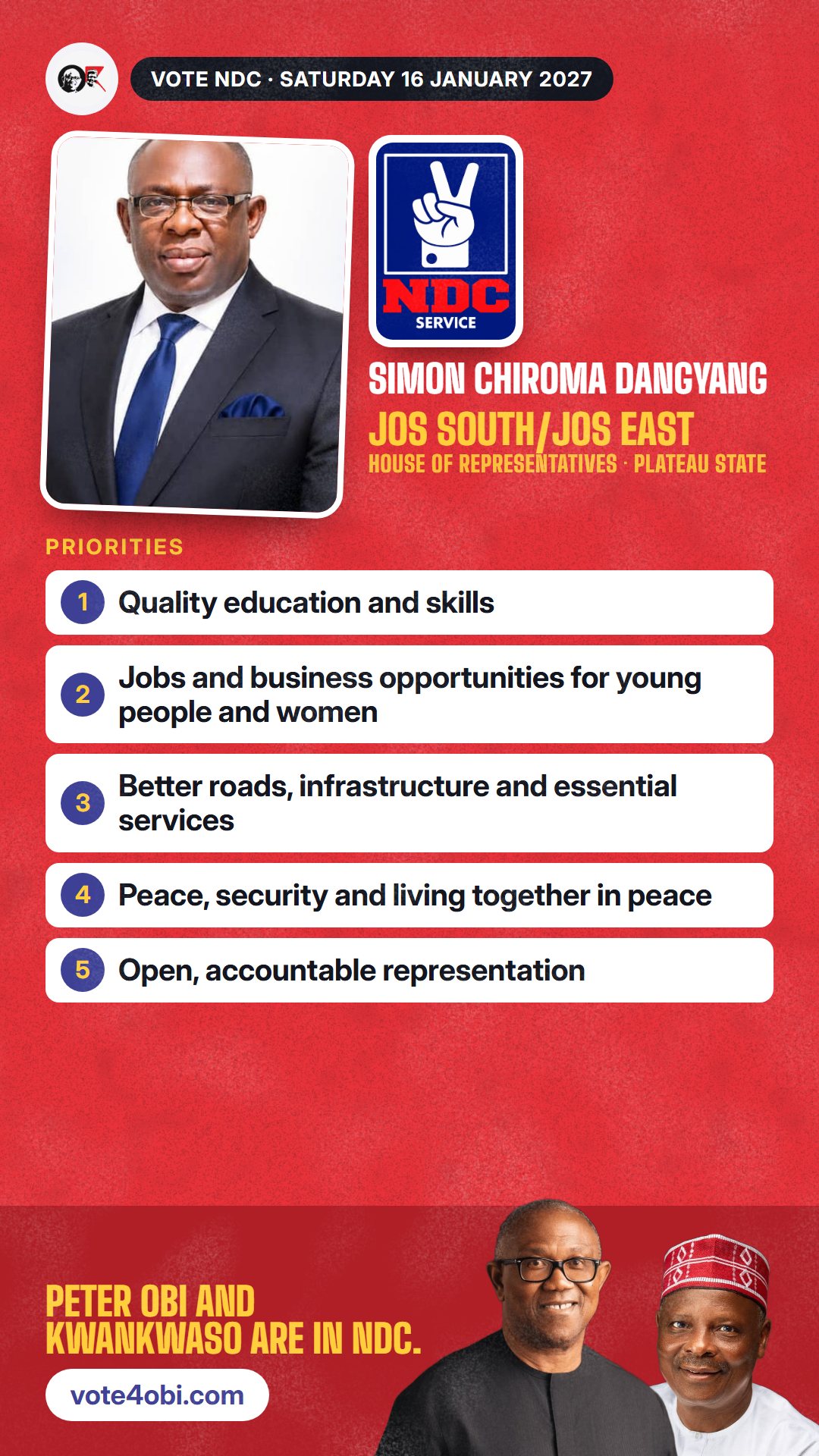 WhatsApp status picture: Simon Chiroma Dangyang, NDC candidate for the House of Representatives, Jos South/Jos East