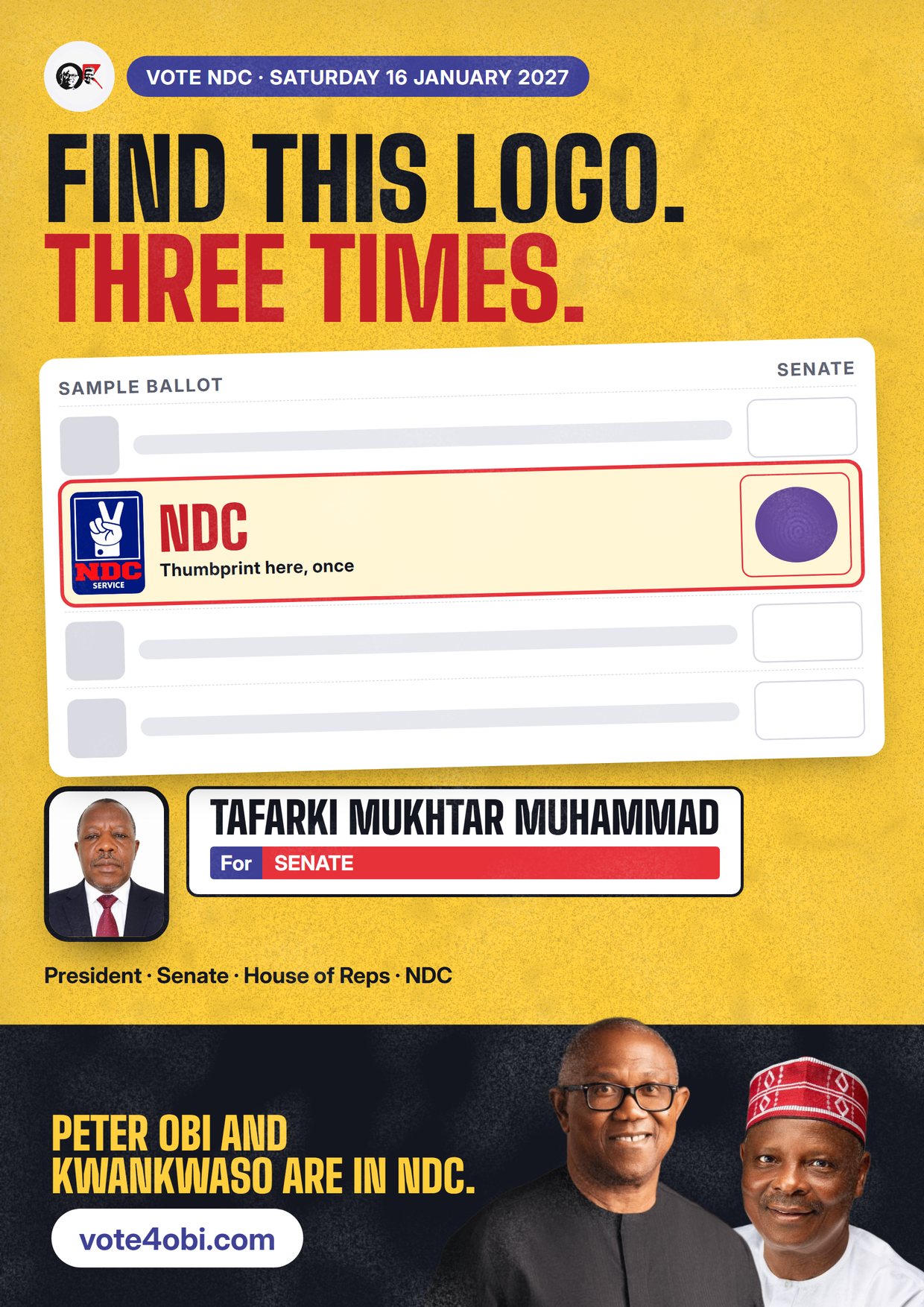 Poster: Tafarki Mukhtar Muhammad, NDC candidate for the Senate, Kebbi North