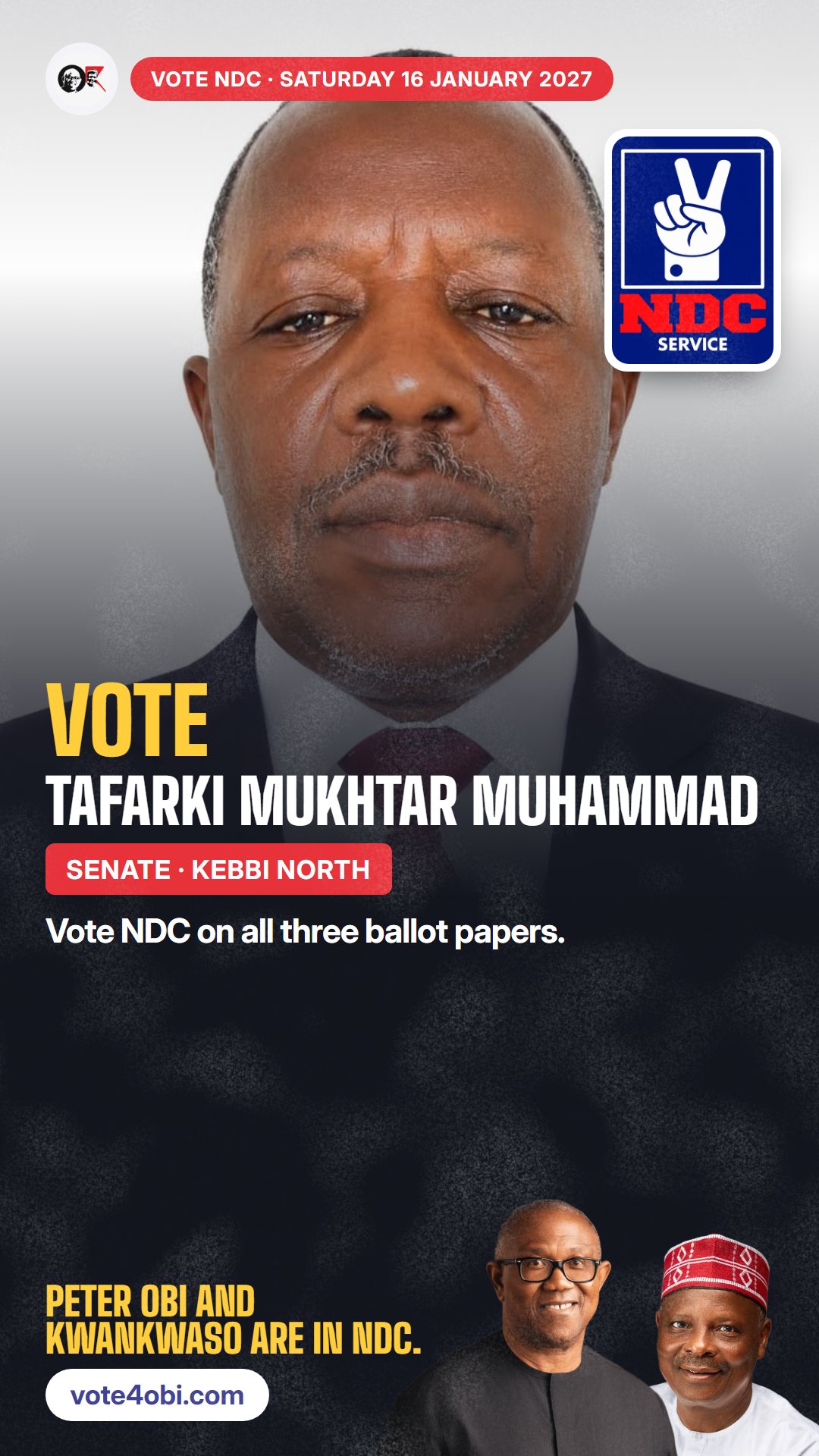 WhatsApp status picture: Tafarki Mukhtar Muhammad, NDC candidate for the Senate, Kebbi North