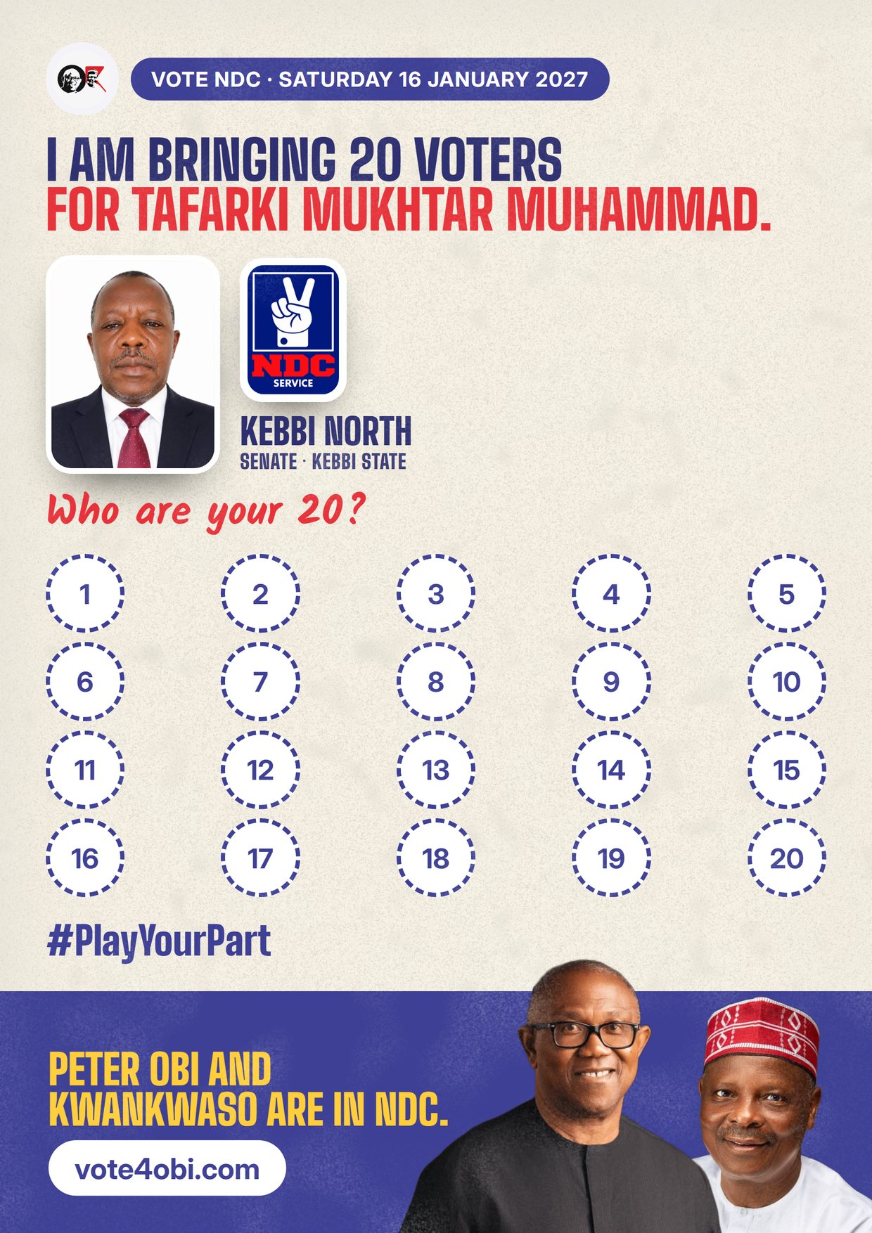 Poster: Tafarki Mukhtar Muhammad, NDC candidate for the Senate, Kebbi North