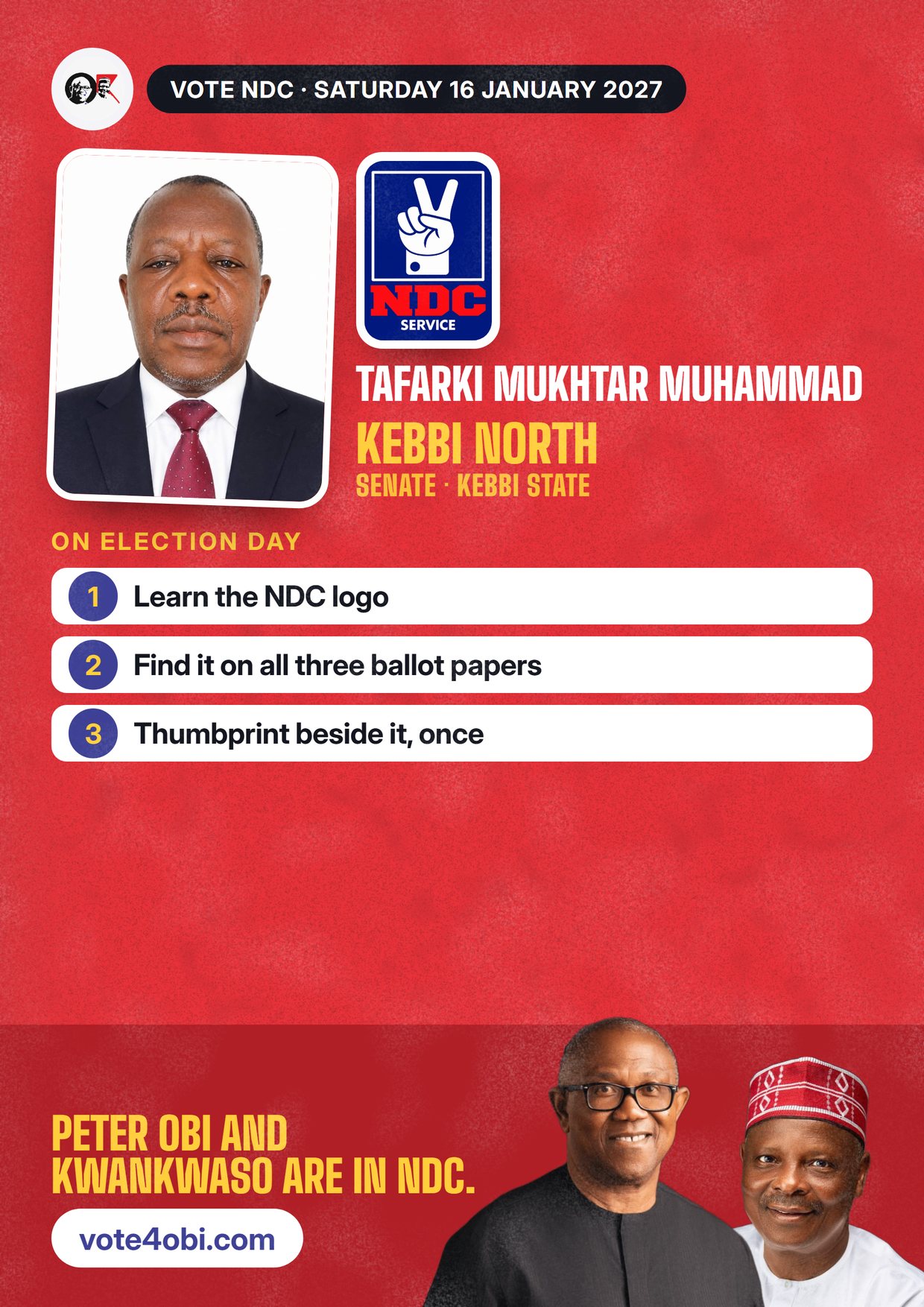 Poster: Tafarki Mukhtar Muhammad, NDC candidate for the Senate, Kebbi North