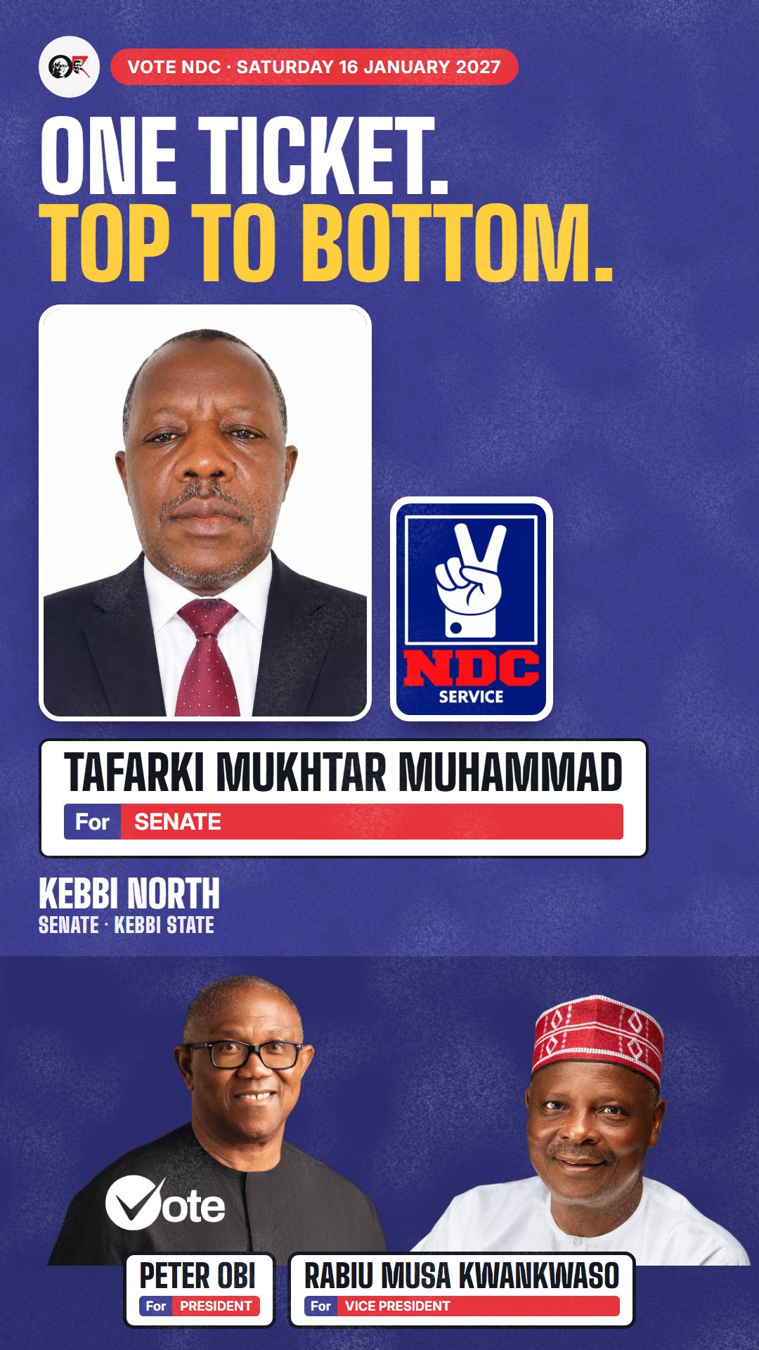 WhatsApp status picture: Tafarki Mukhtar Muhammad, NDC candidate for the Senate, Kebbi North
