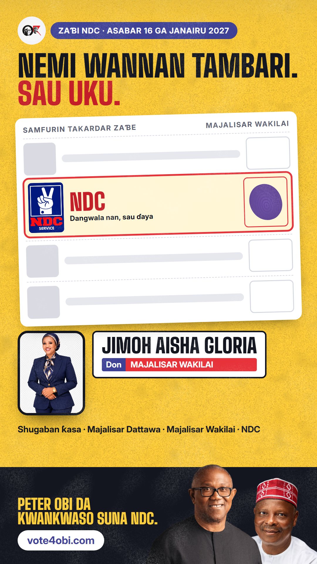 Hoton WhatsApp status: Jimoh Aisha Gloria, ɗan takarar NDC na Majalisar Wakilai, Lagos Island II