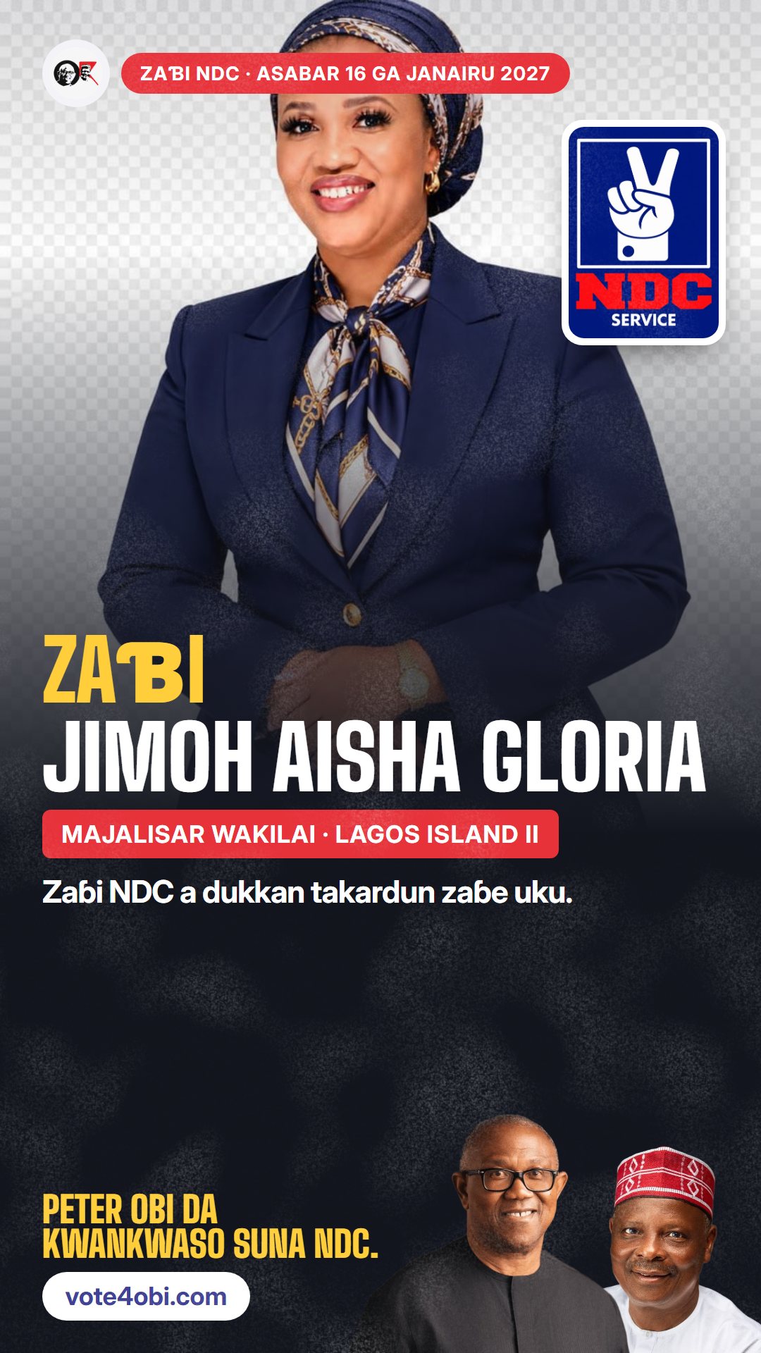 Hoton WhatsApp status: Jimoh Aisha Gloria, ɗan takarar NDC na Majalisar Wakilai, Lagos Island II