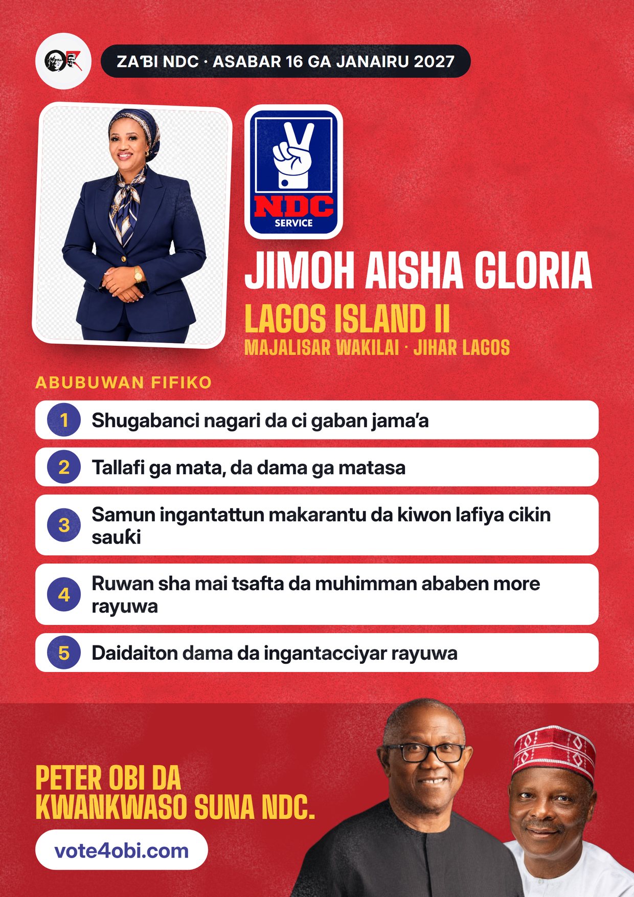 Fasta: Jimoh Aisha Gloria, ɗan takarar NDC na Majalisar Wakilai, Lagos Island II